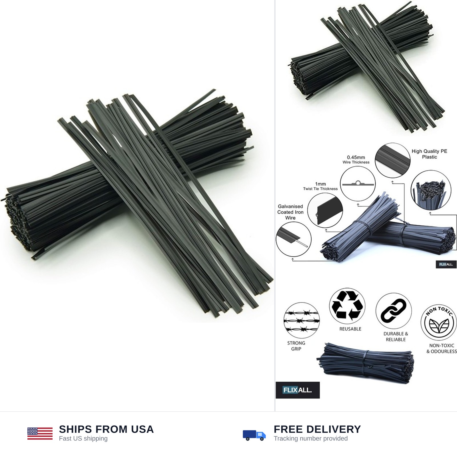 5 inches Twist Ties Pack of 100 - Premium Quality Reusable Black Plastic Coat...