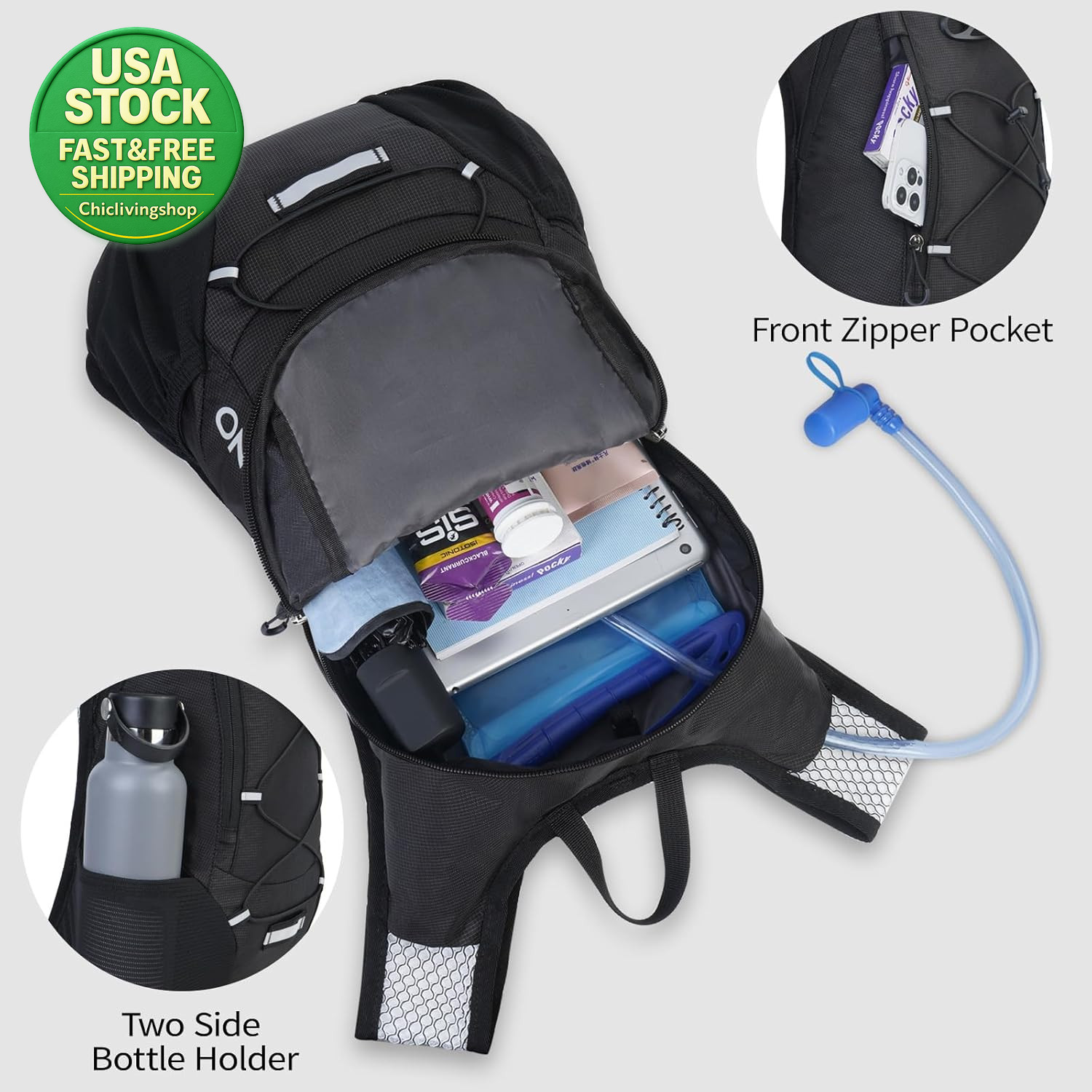 Lightweight Hydration Backpack 2L Water Bladder Cycling Hiking Daypack Black