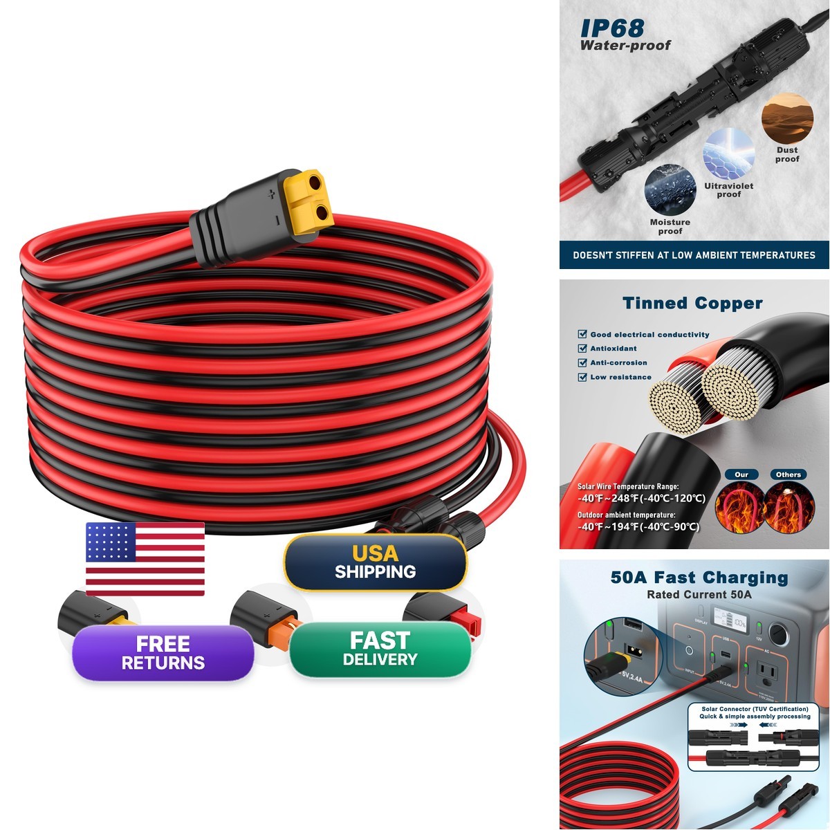 Baluoqi 12AWG Solar Connector XT60 Adapter Extension Cable Solar Panel Potable