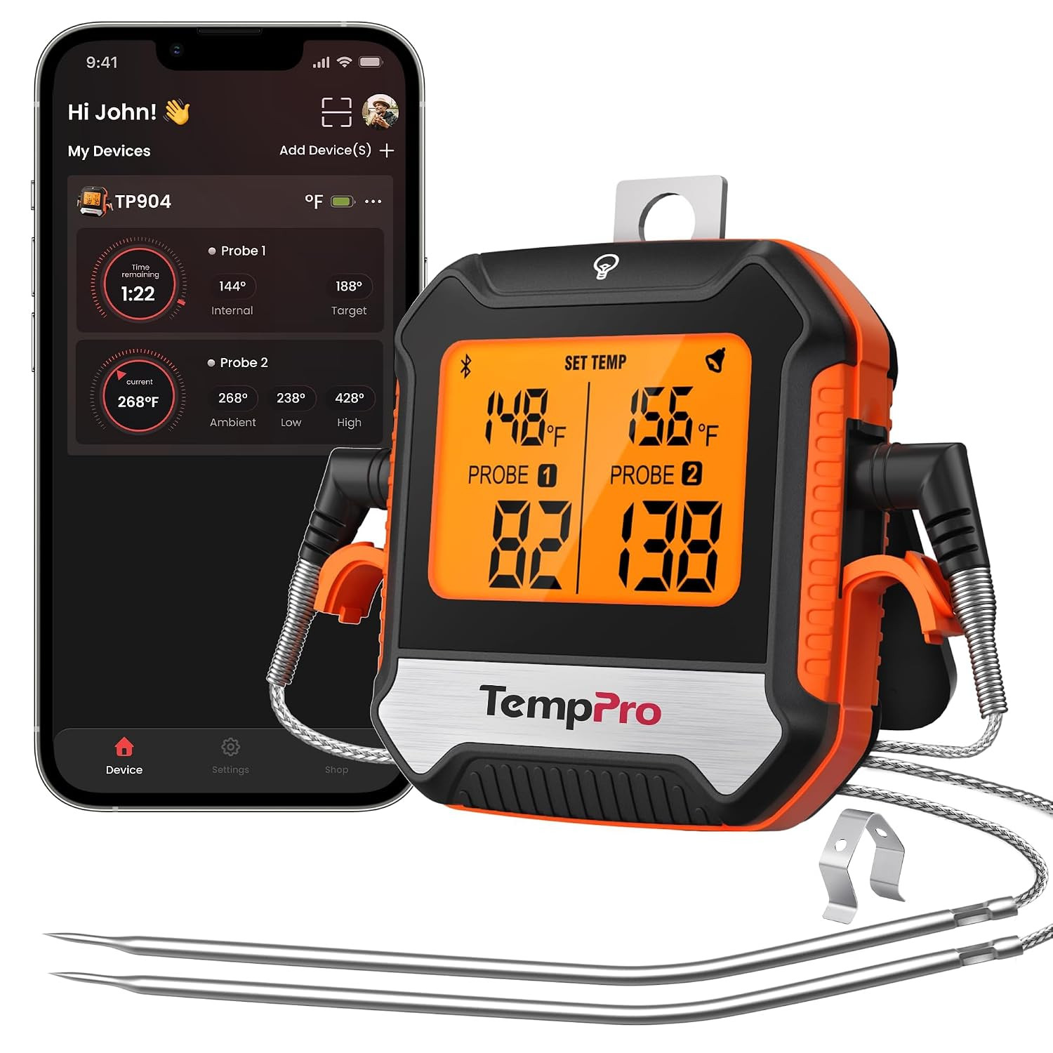 Temppro Tempsync 450Ft Bluetooth Meat Thermometer for Oven with 2 Probes | High