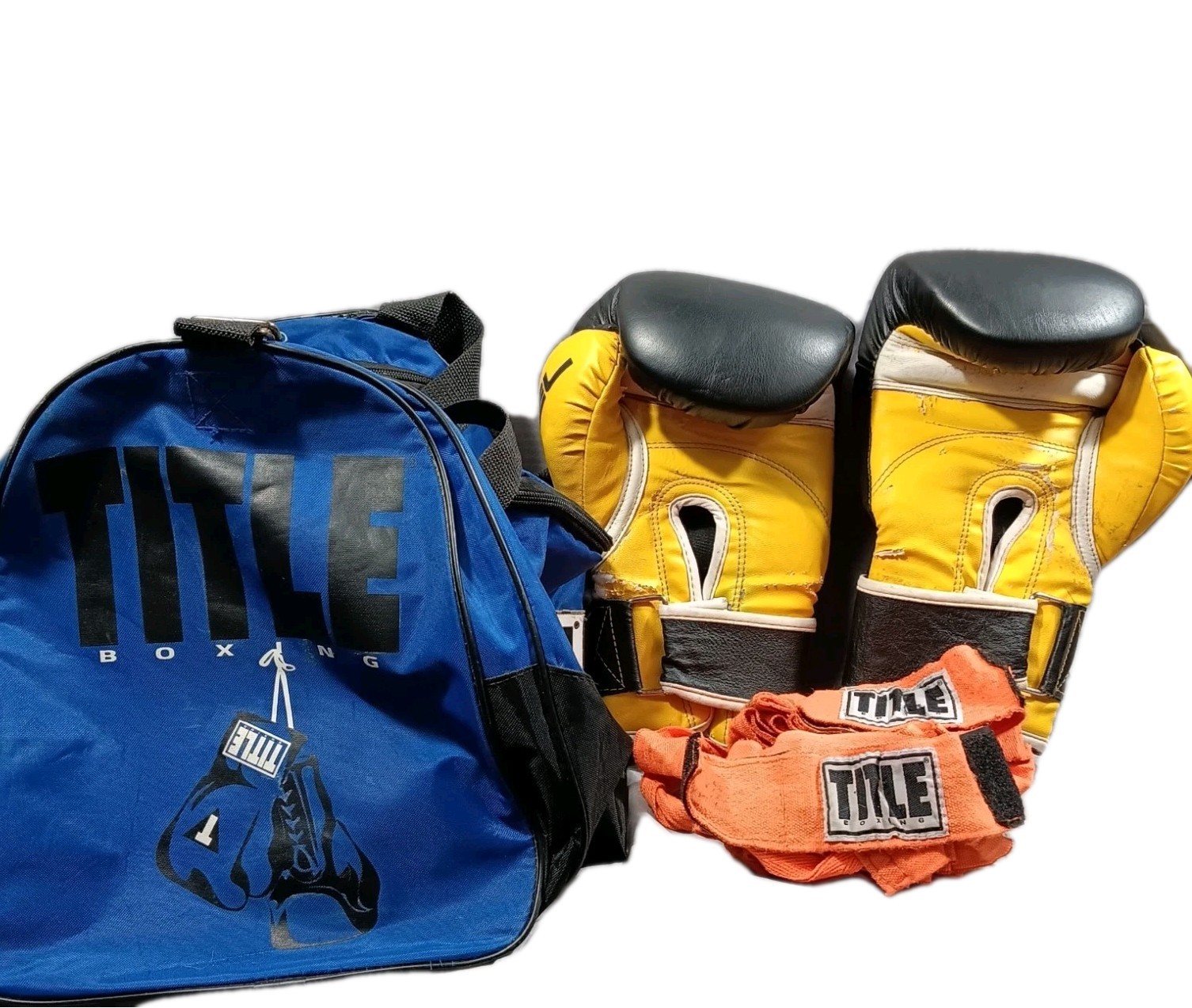 Title Boxing Yellow and Black Gel Gloves Men's Size M, Blue Gym Bag, 2 Wraps