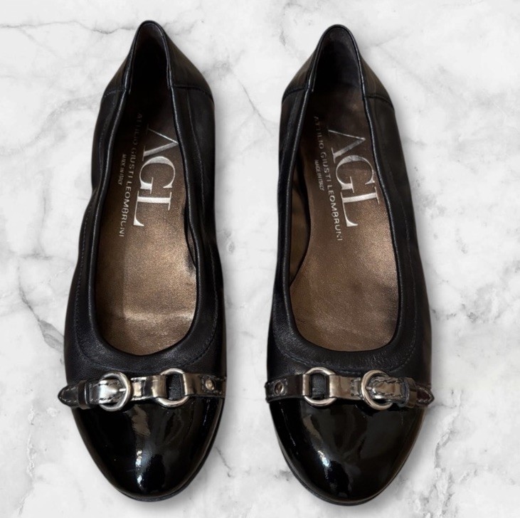 AGL Italy Womens Monika Flat Size 36.5 US 6.5 Black Leather Ballet Shoe Cap Toe