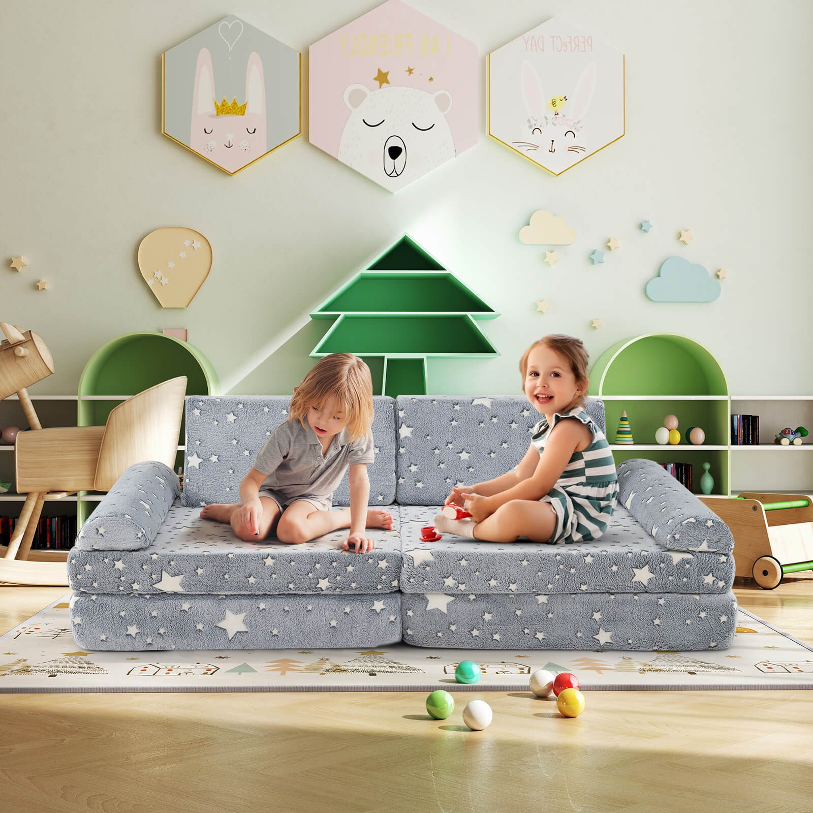 8PCS Modular Kids Play Couch w/Handles Machine Washable Covers for Building Fort