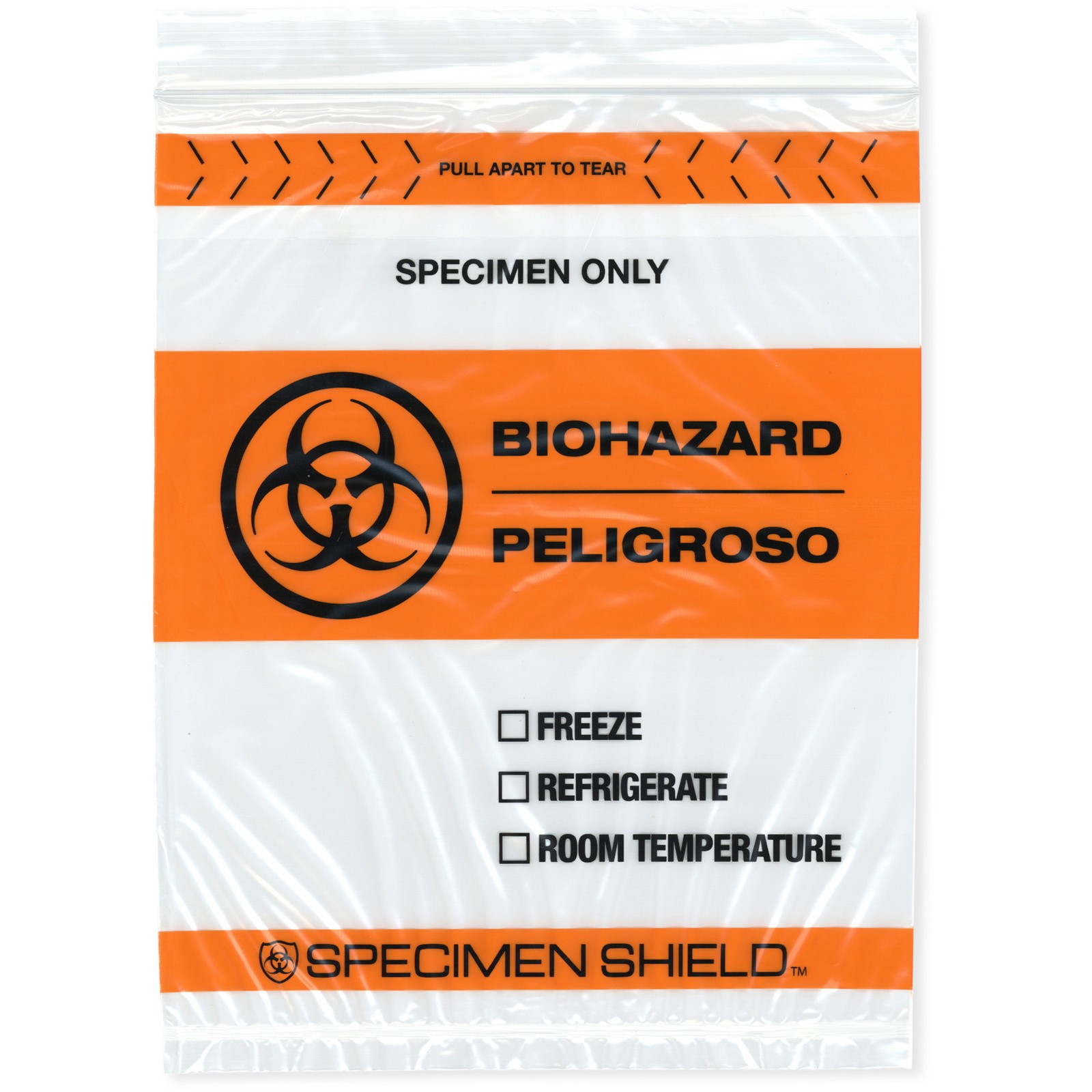 Plymor 8" x 10", 2 Mil Biohazard Zipper Bags with Pouch and Tear-Off Zip Top