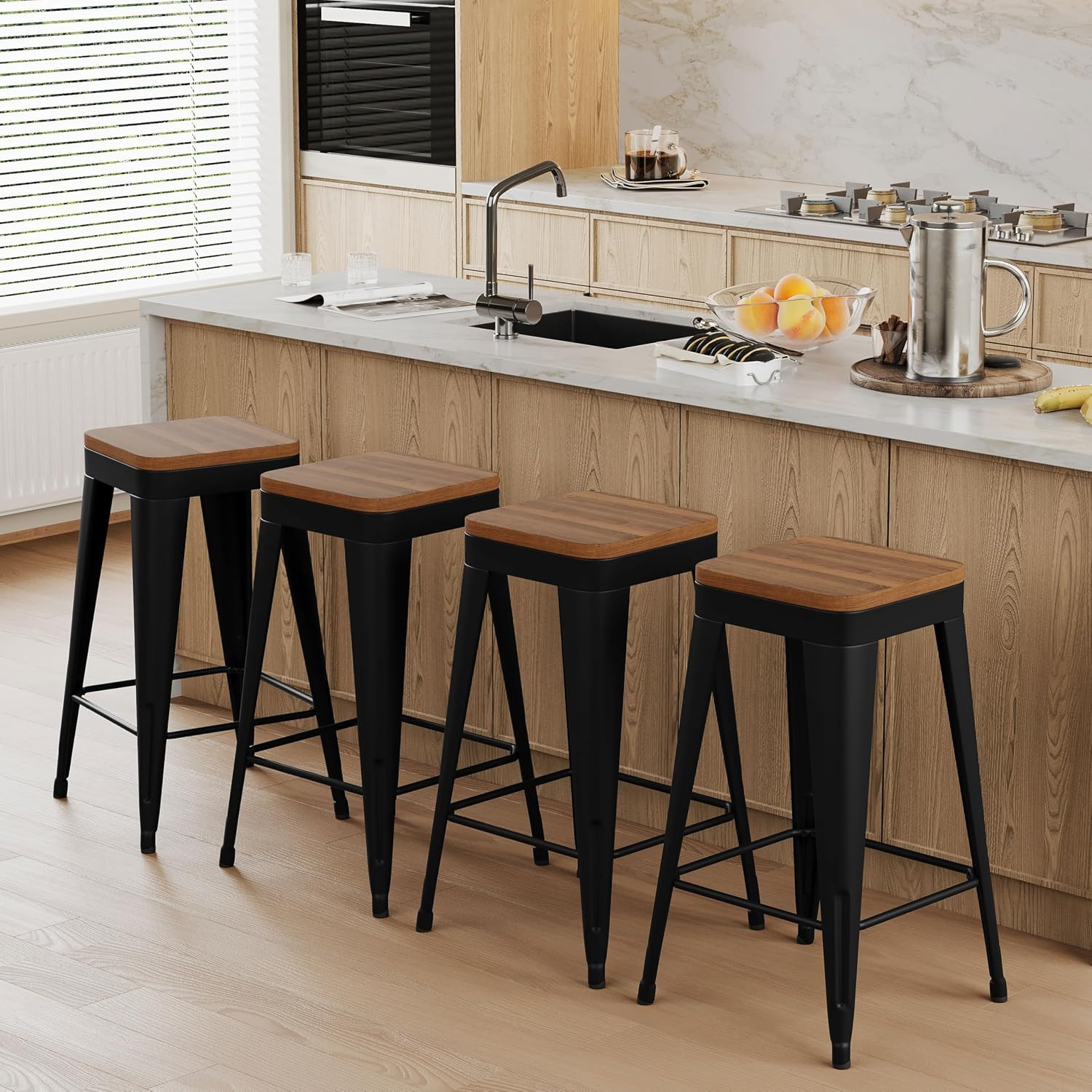 Modern 30" Black Metal Bar Stools Set of 4 with Wooden Seats, No Back