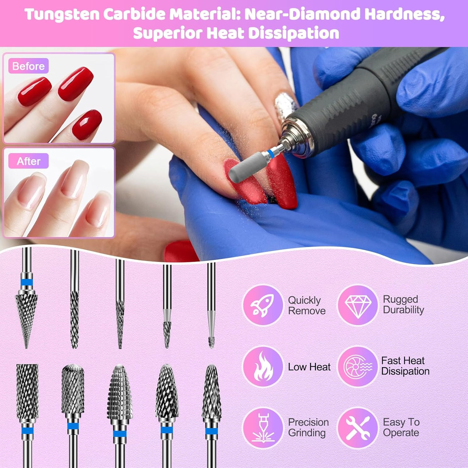 Nail Drill Bits Set: 10PCS Tungsten Carbide Nail Drill Bits for Acrylic Nails, 3