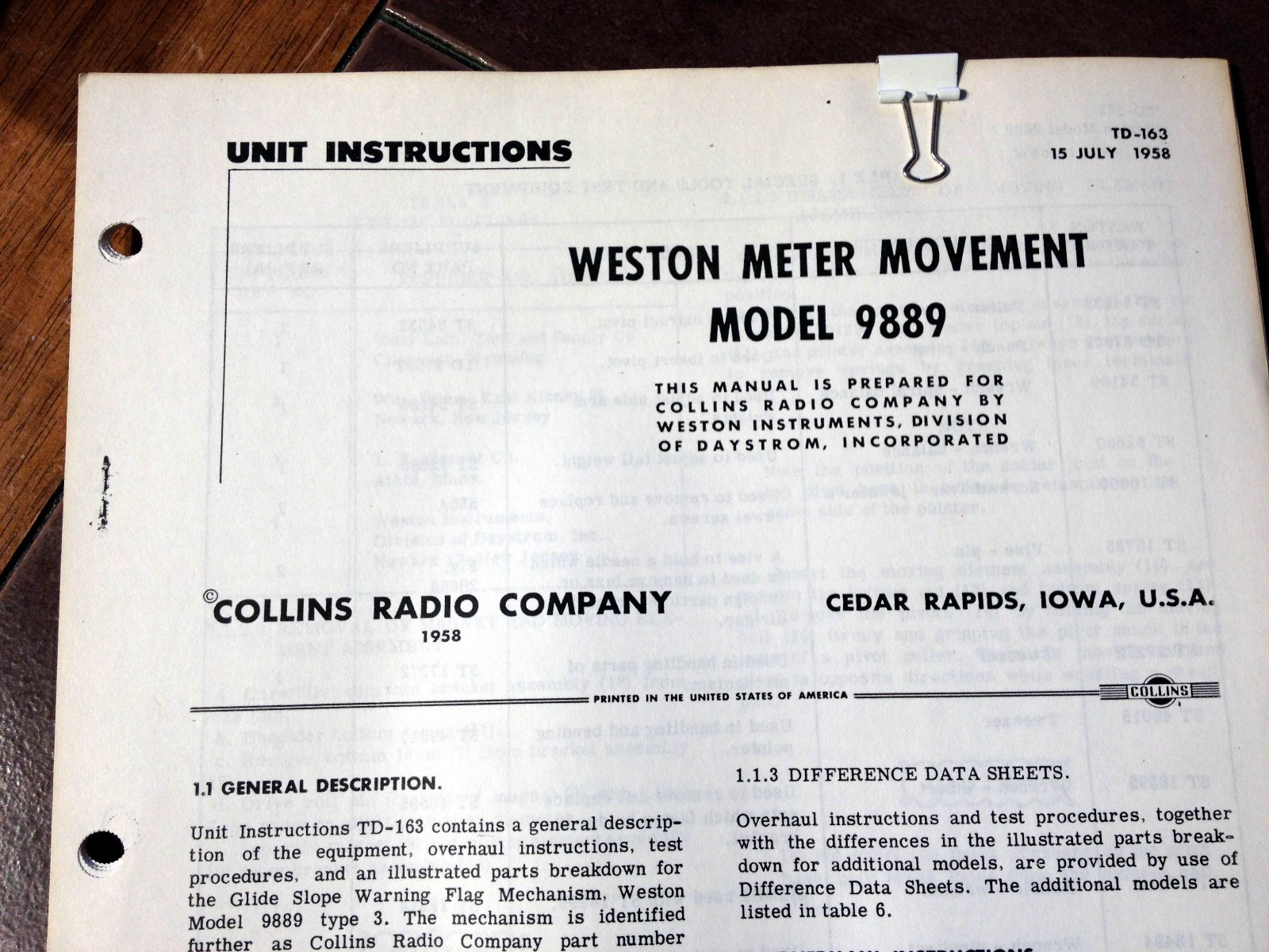 Collins 458-0389-00 Weston Meter 9889  Instruction Manual