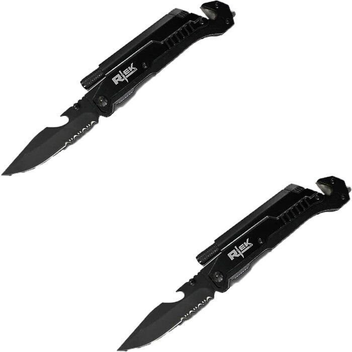 Pair of Rtek 9" Inch Spring Assisted Survival 7 in 1 Rescue Pocket Knife - Black