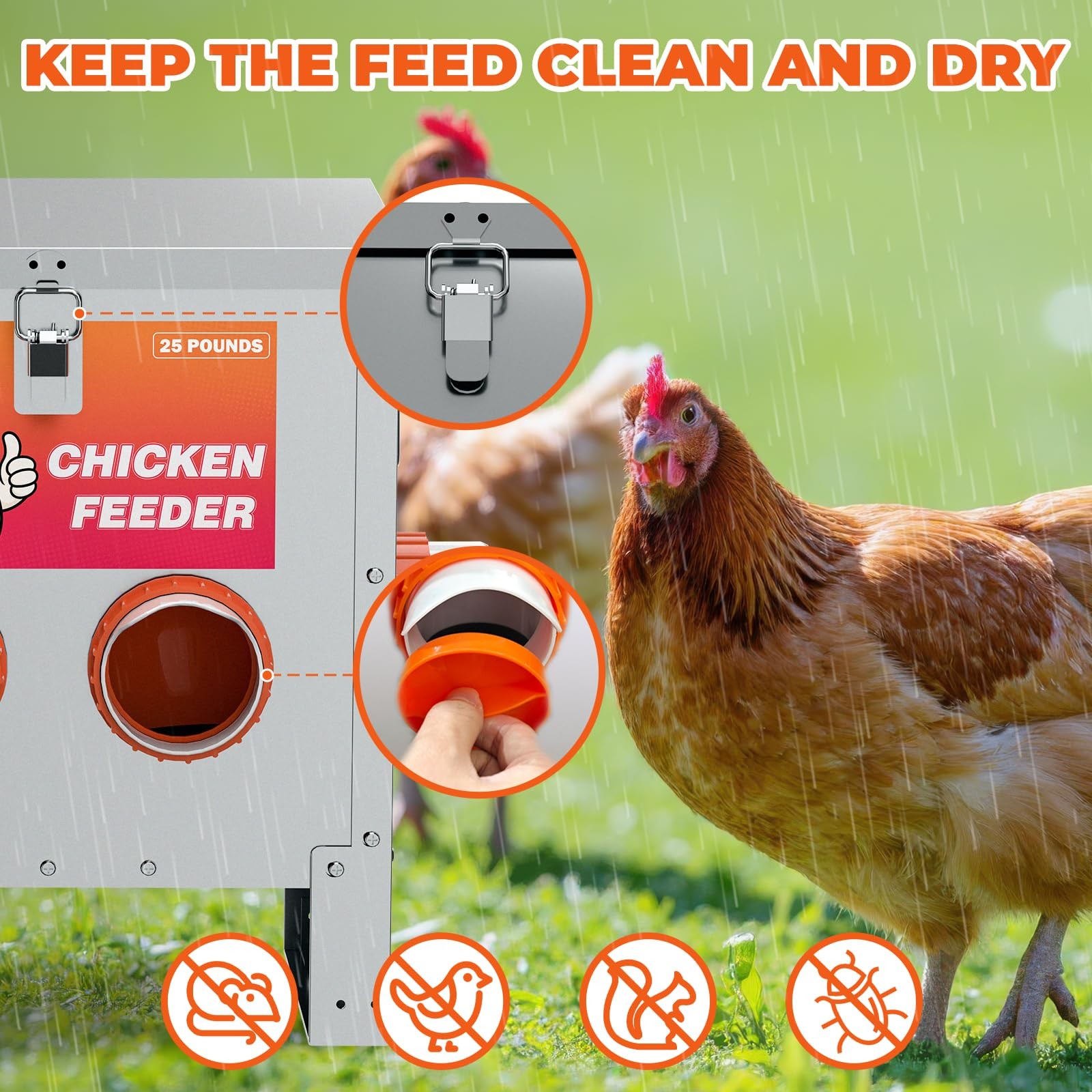 JASDEGO 4 Ports Metal Chicken Feeder No Waste 25 Pounds Automatic Poultry Fee...