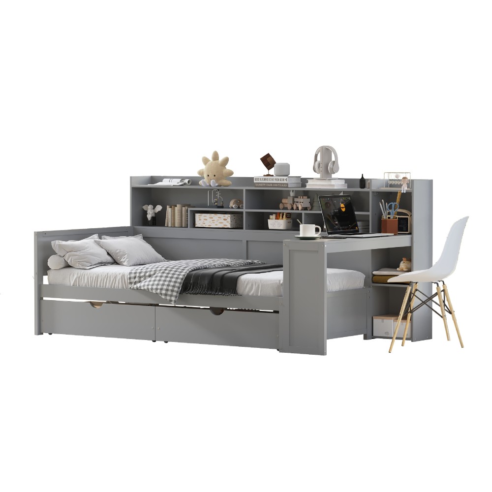 Twin Daybed w/ Storage & Desk, Wood Frame, Gray - Space Saving Design