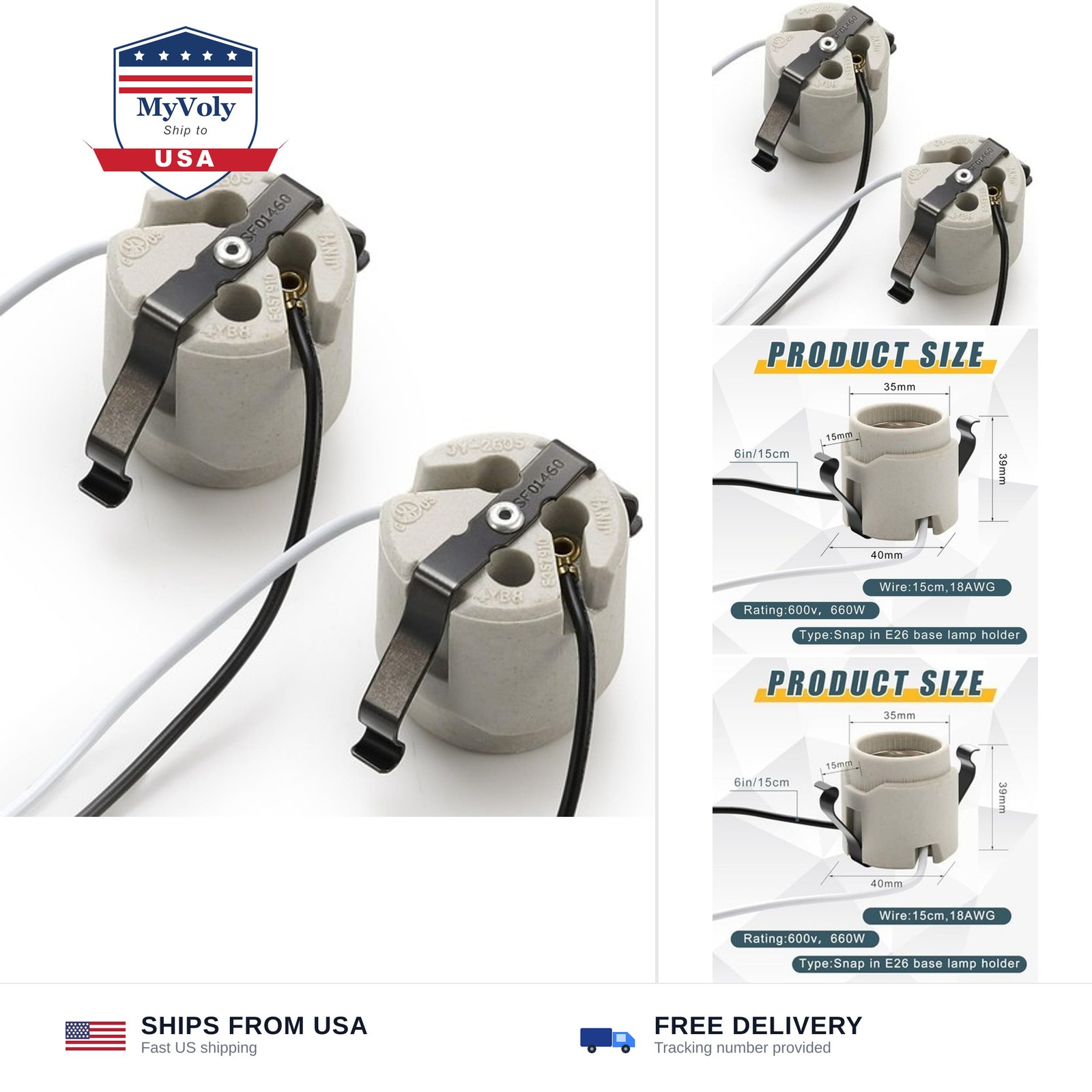 Tellegloww 2 Pack U Clip Porcelain Socket, Medium Base E26 Snap in Keyless Ce...