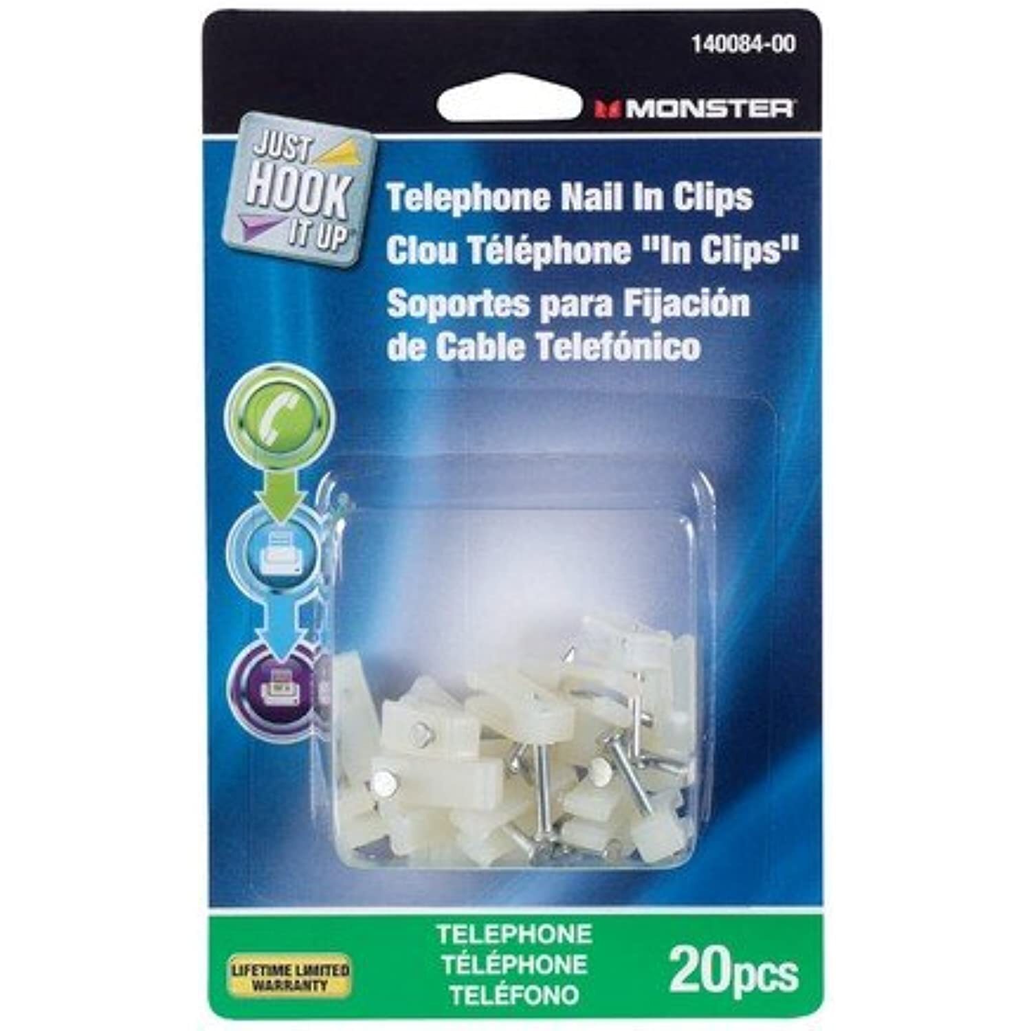 Monster Jhiu 140084-00 White Telephone Wire Nail In Clips Pack of 20 Pack Of 6