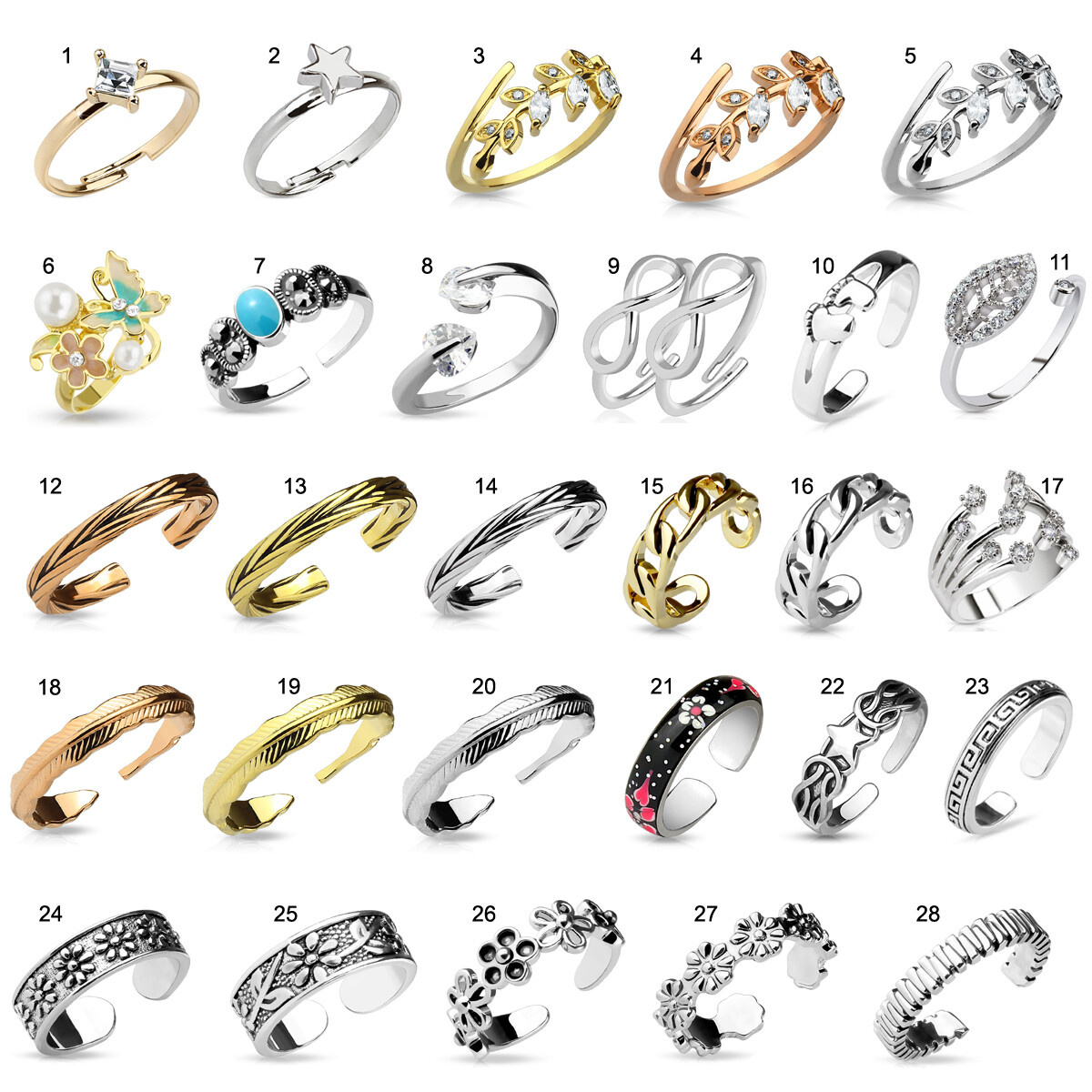 Toe Rings Adjustable CZ Gems Opal Many Styles