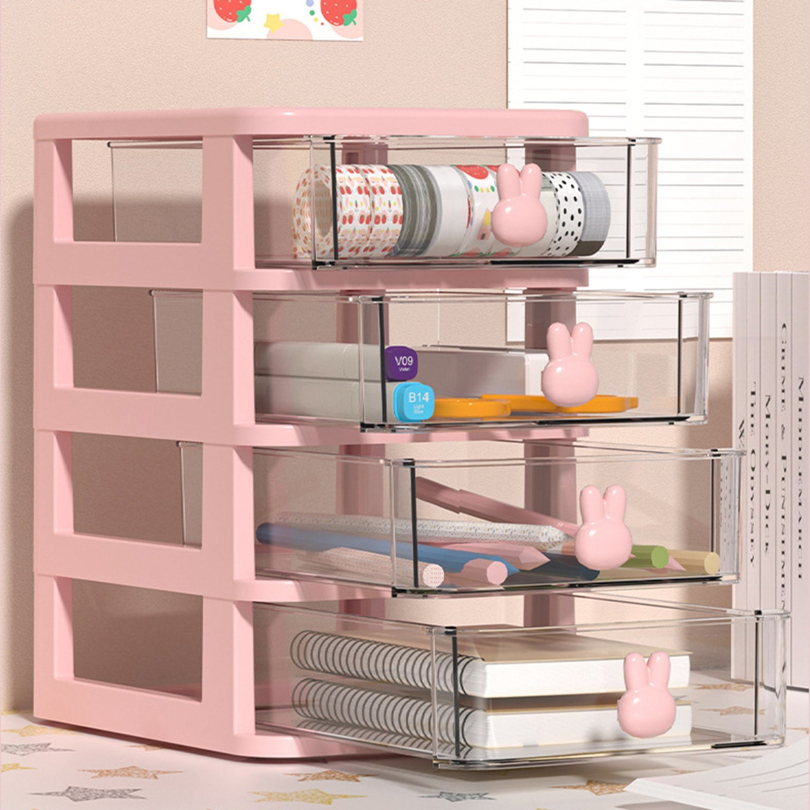 2-Tier Bunny Handle Desk Storage Box Large Capacity Transparent Drawer For