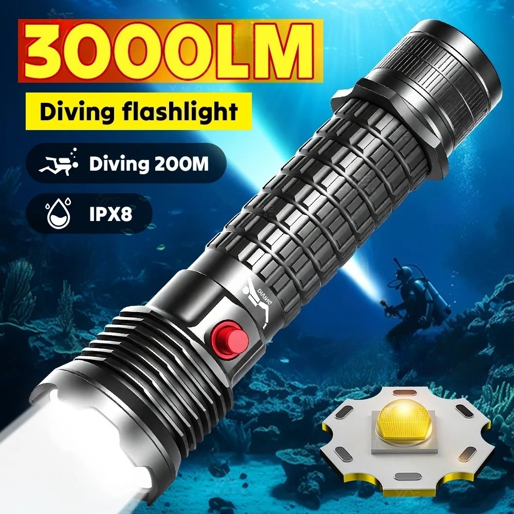 3000LM Dive Torch  P70 Diving Flashligh Battery   Underwater Diving Fishing Lamp