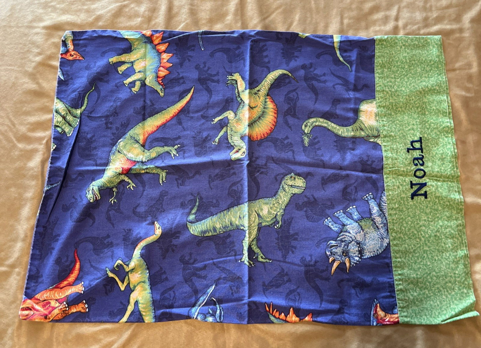Dinosaur Pillowcase Standard Size Handcrafted Homemade Kids Bright NOAH monogram