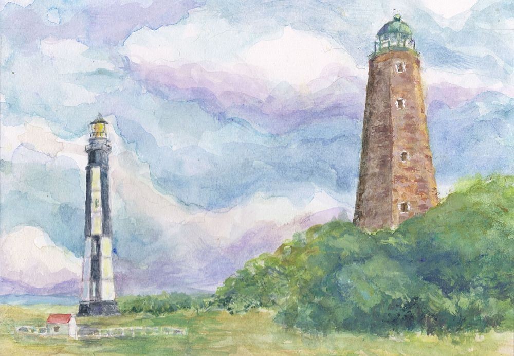 Cape Henry Lighthouses, Fort Story Virginia Beach. Stefanie Newman Art Notecards