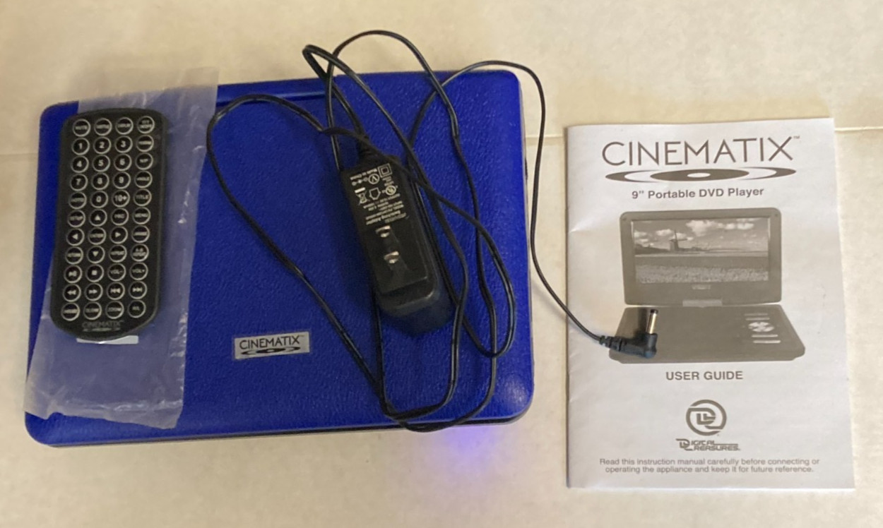 Cinematix Blue  9" Portable DVD Player w/ Manual & Remote Works Great!