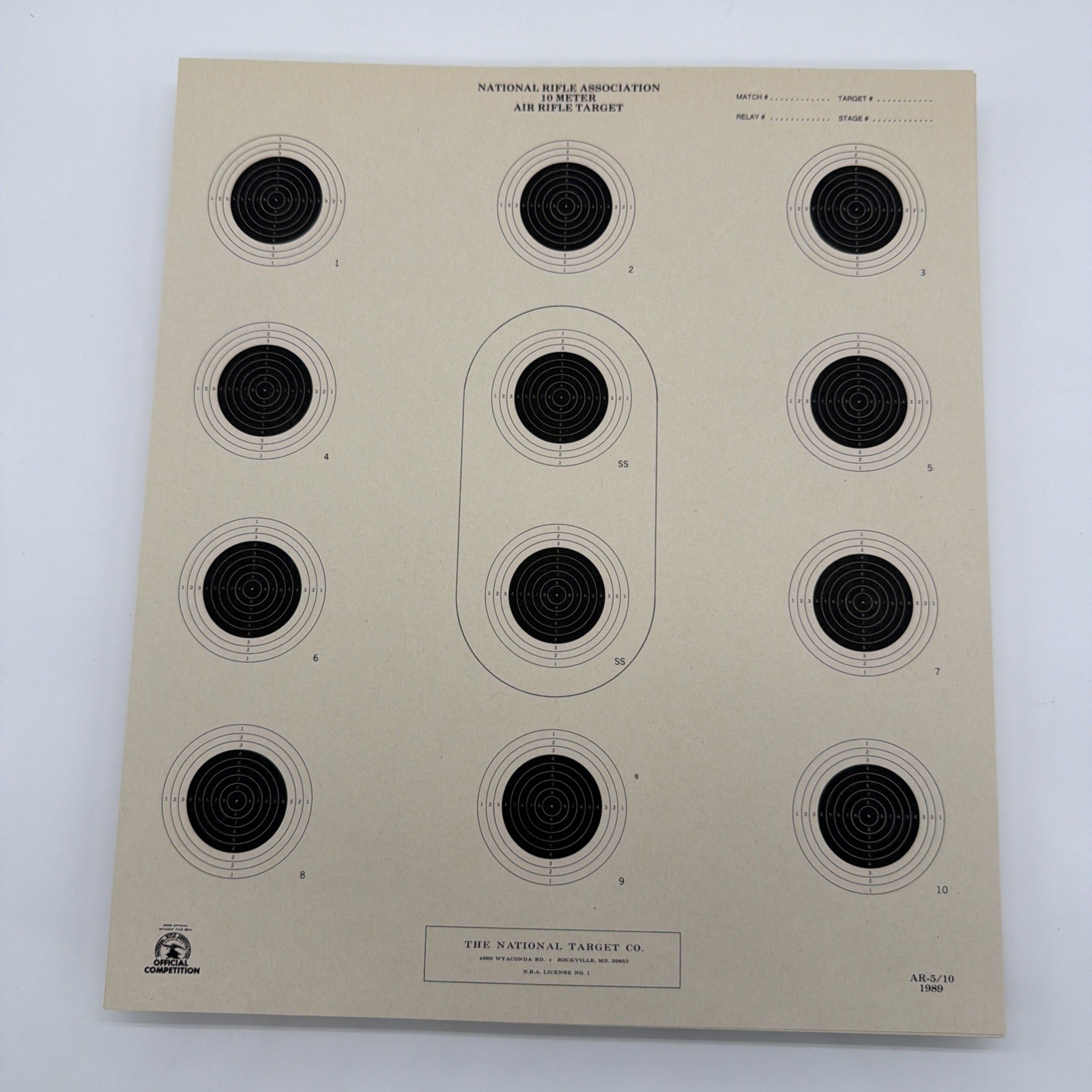 65 Ct Vtg 1989 Official NRA AR-5/10 10 Meter Air Rifle Target [10.5" x 12" Tag]