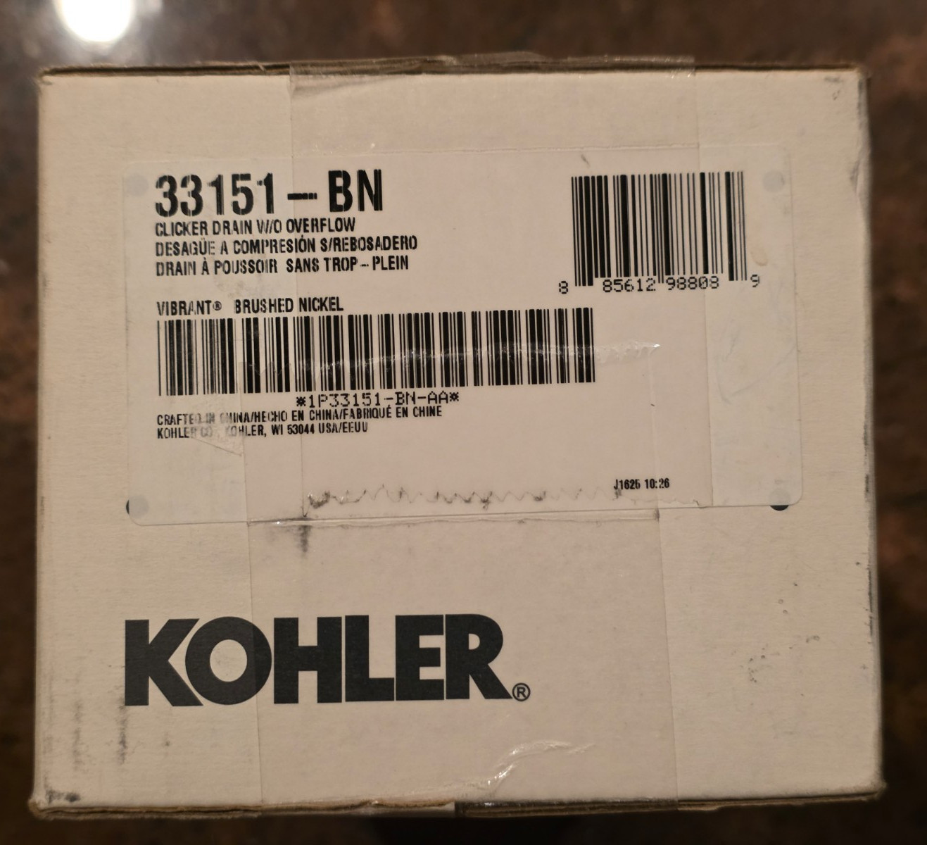 Kohler 33151-BN Clicker Drain Without Overflow in Vibrant Brushed Nickel