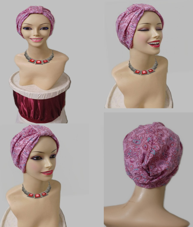 Turban. Loss Scarf Turban Head Wrap W/Band on Top  100% Cotton/Pink  Multicolor