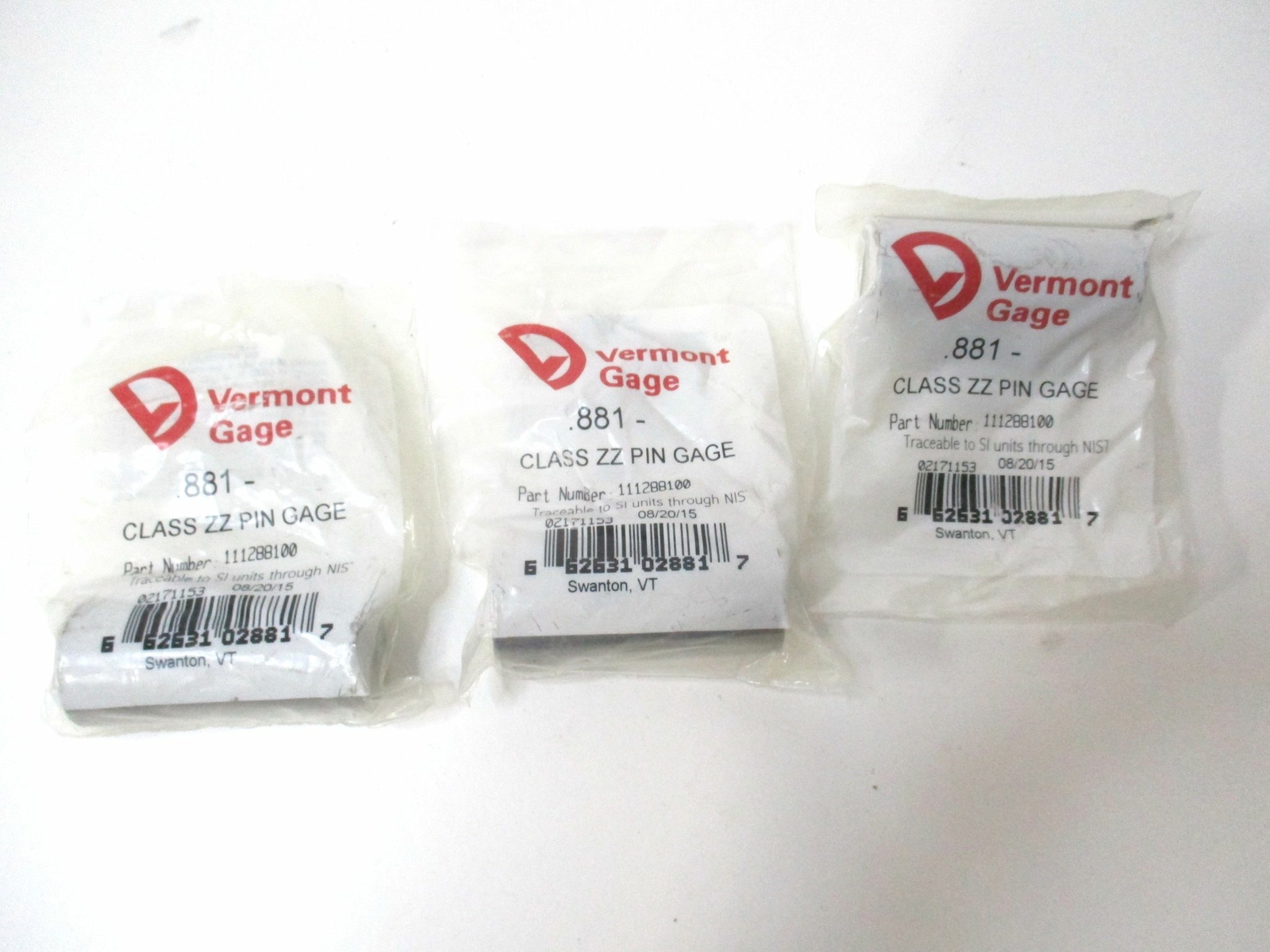 Vermont Gage (111288100) 0.881" Tolerance Class ZZ Steel No-Go Pin Gage - Qty 3