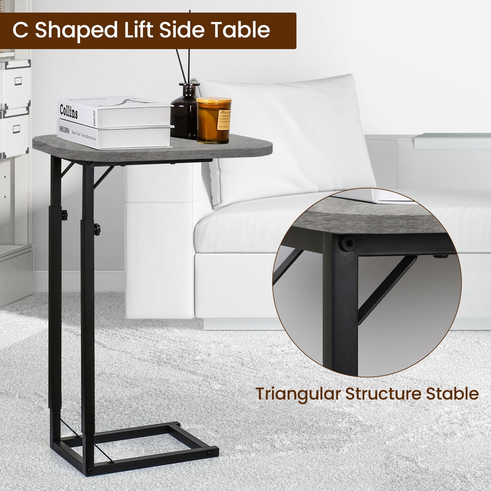 CShaped End Table Couch Adjustable Sofa Side TV Tray Rustic Gray Metal