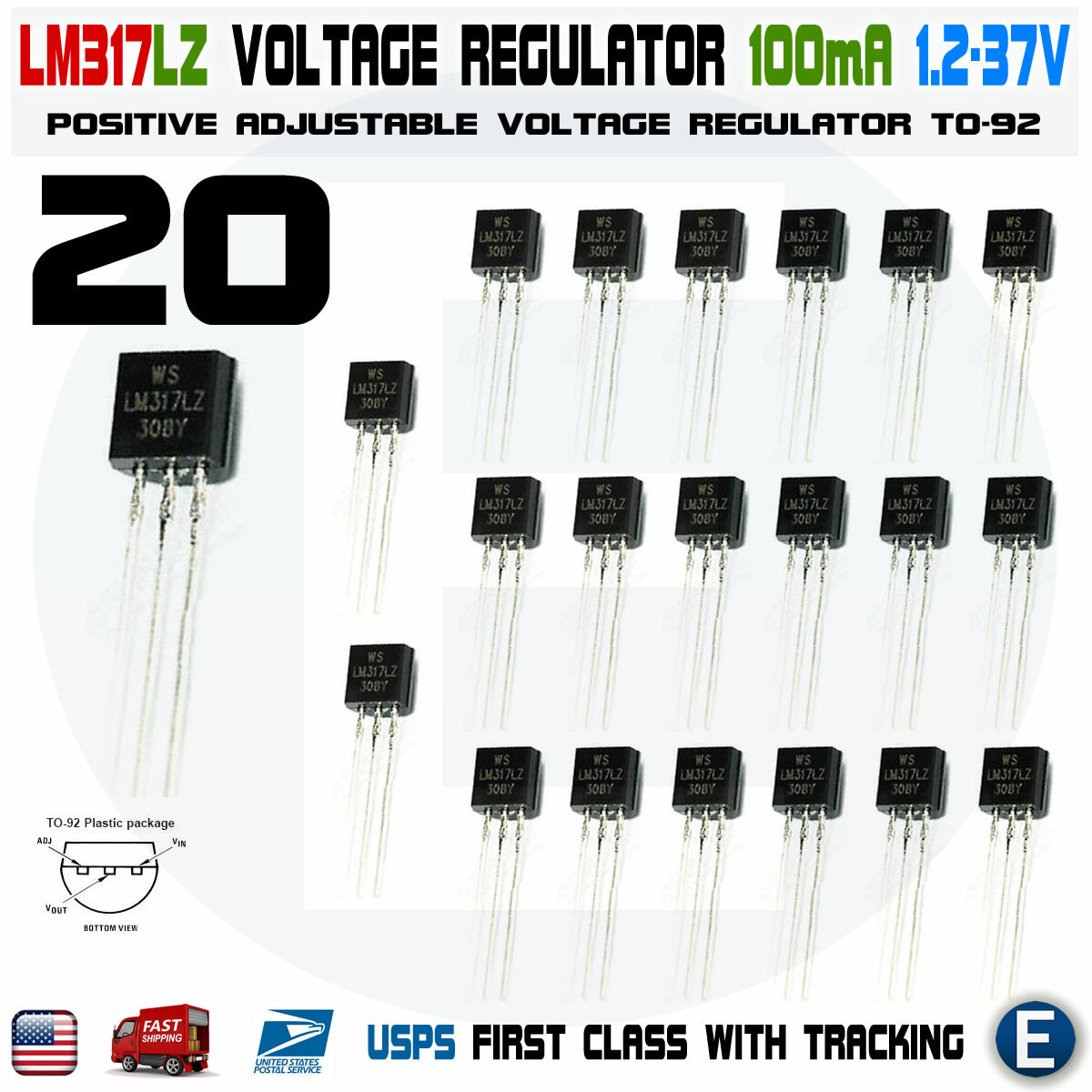 20pcs LM317LZ LM317L LM317 0.1A TO-92 Voltage Regulator Adjustable 1.2-37V USA