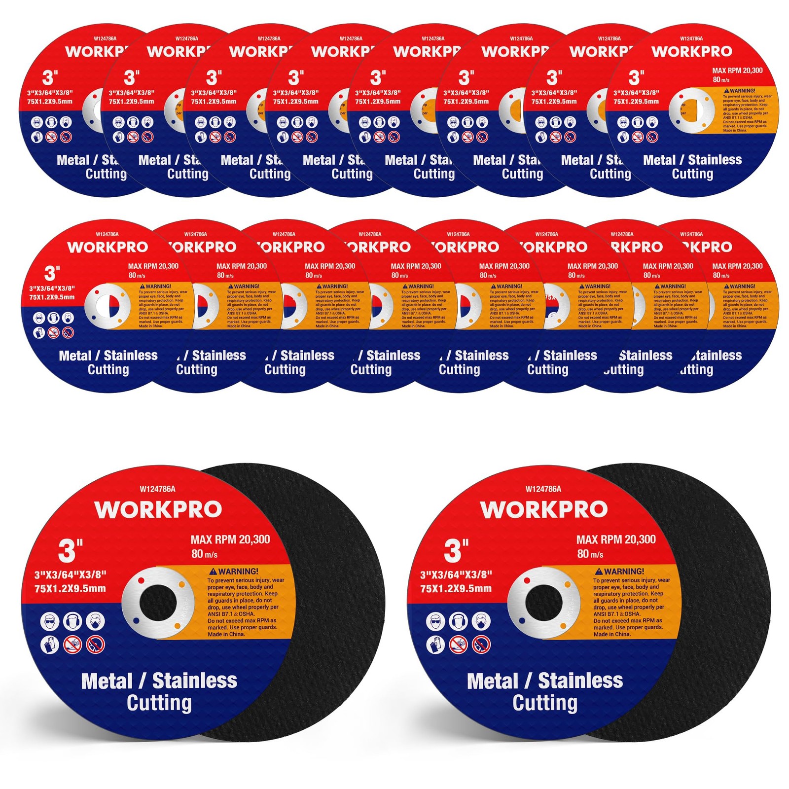 WORKPRO 20-Pack Cut-Off Wheels, 3 X 3/8-inch 3 X 3/8-inch, Silver