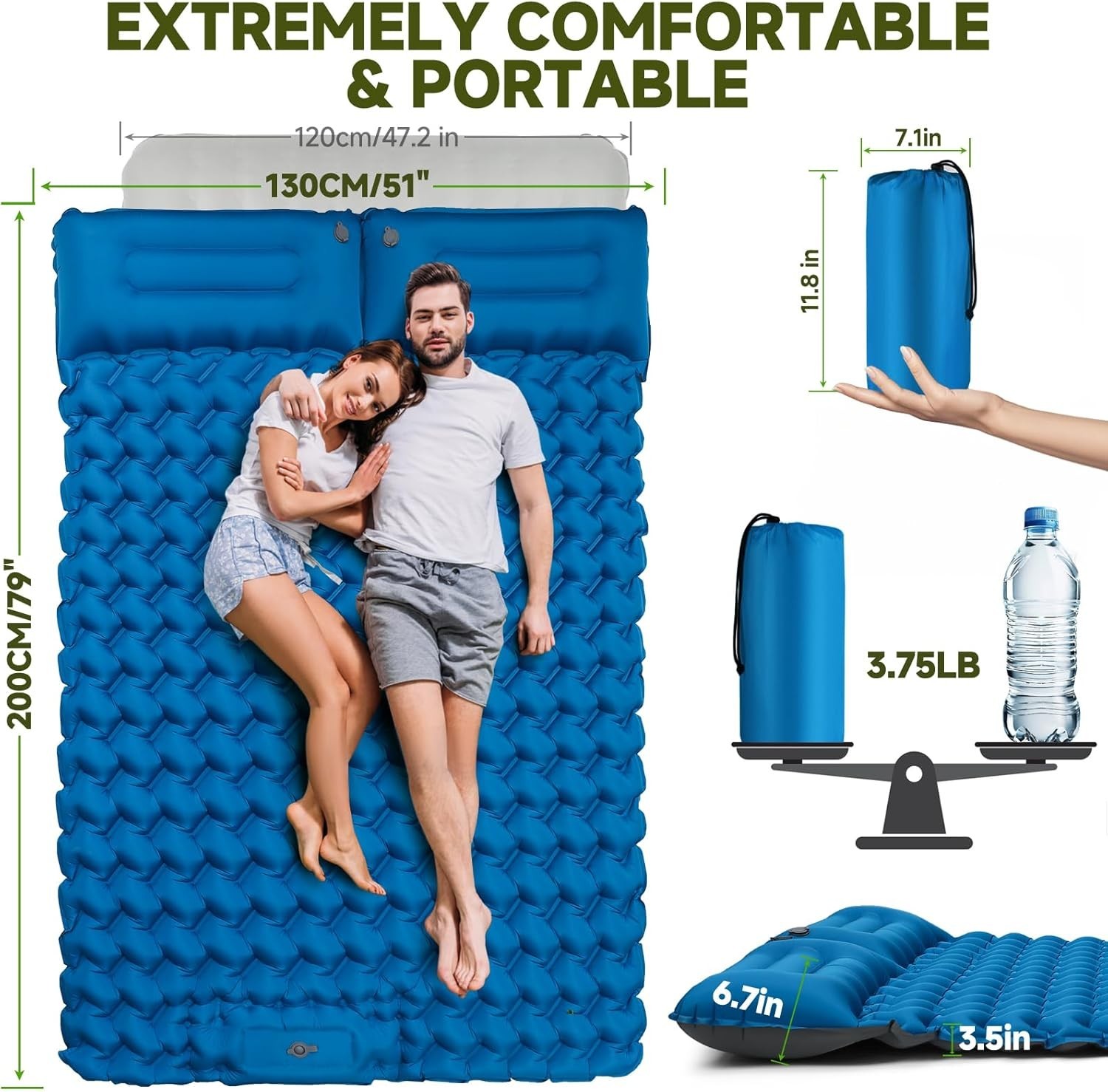 Ultralight 4" Thick Inflatable Sleeping Pad for Camping - Quick Inflate & Carry