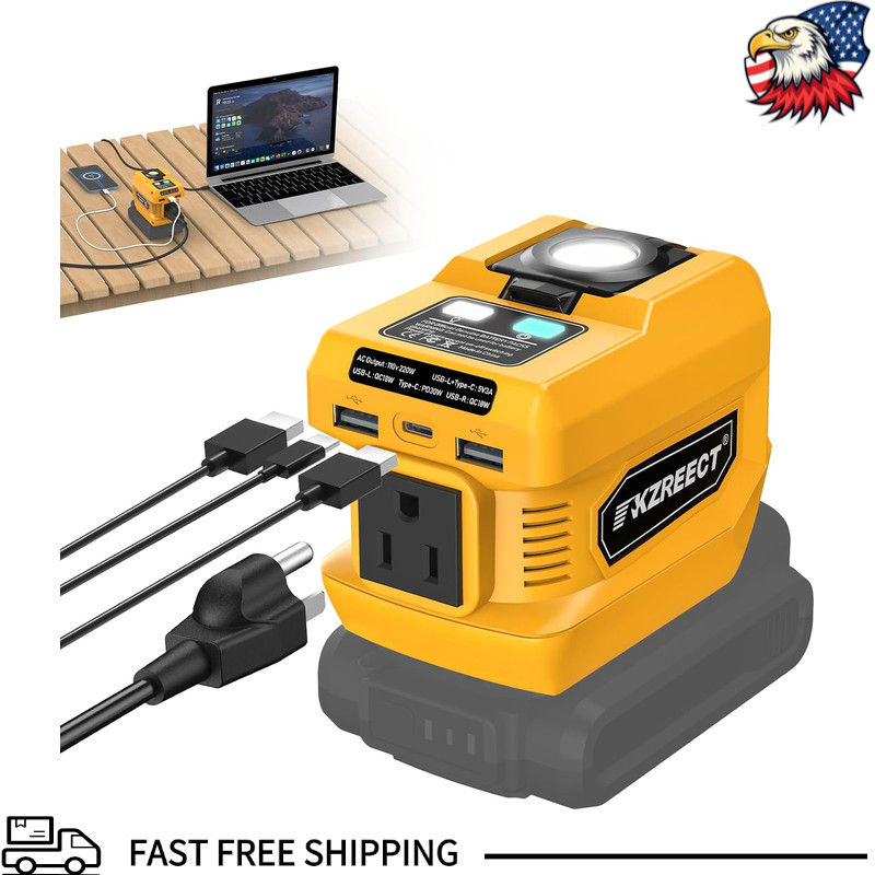 220W Power Inverter Dewalt 20V Battery, 110V AC Outlet, 30W USB-C PD, Dual 18W U
