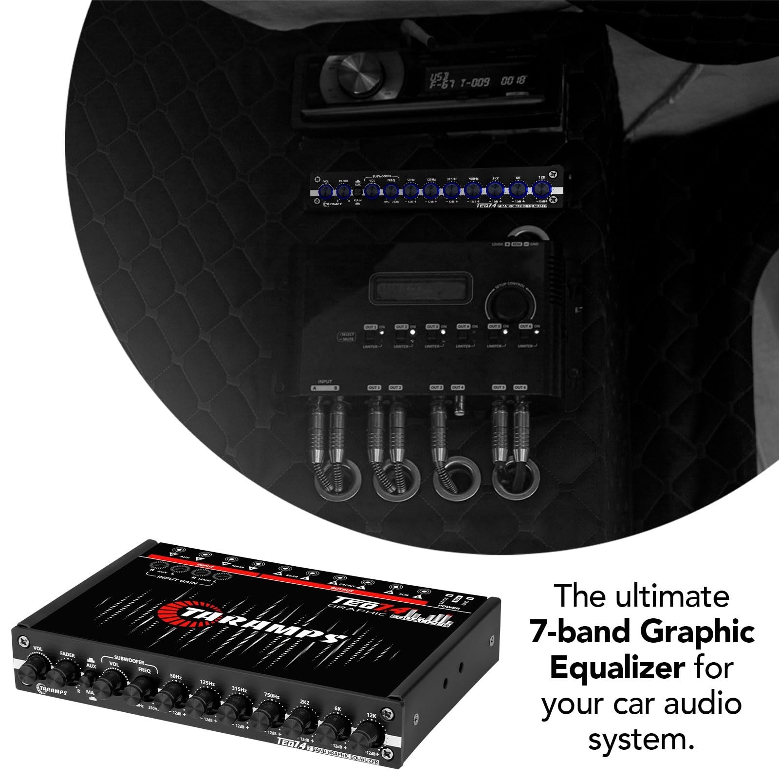 7-Band Graphic Equalizer for Car Audio, RCA Input/Output, Auxiliary Gain, Fader