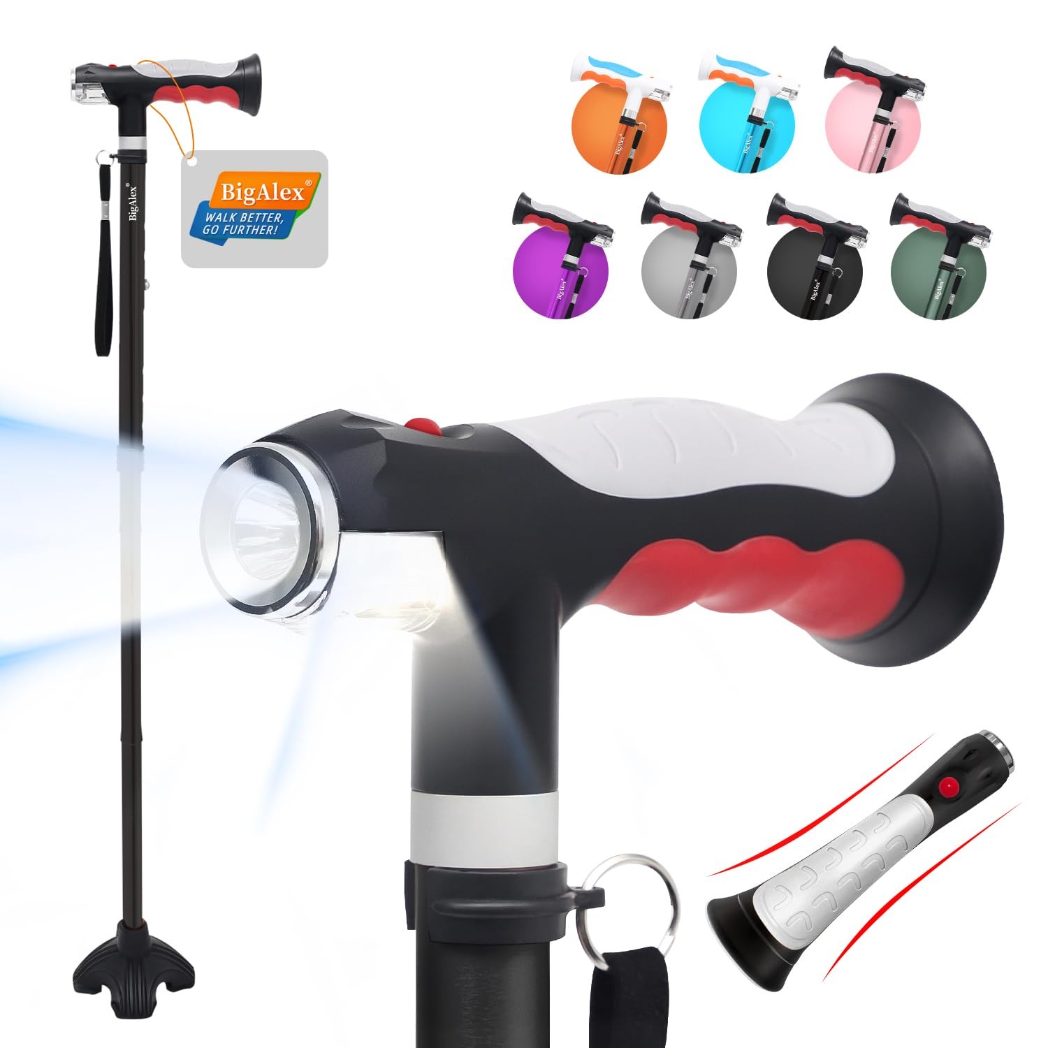 BigAlex Folding Walking Cane w/ 2 LED Lights for Elderly, Adjustable, Solid Base