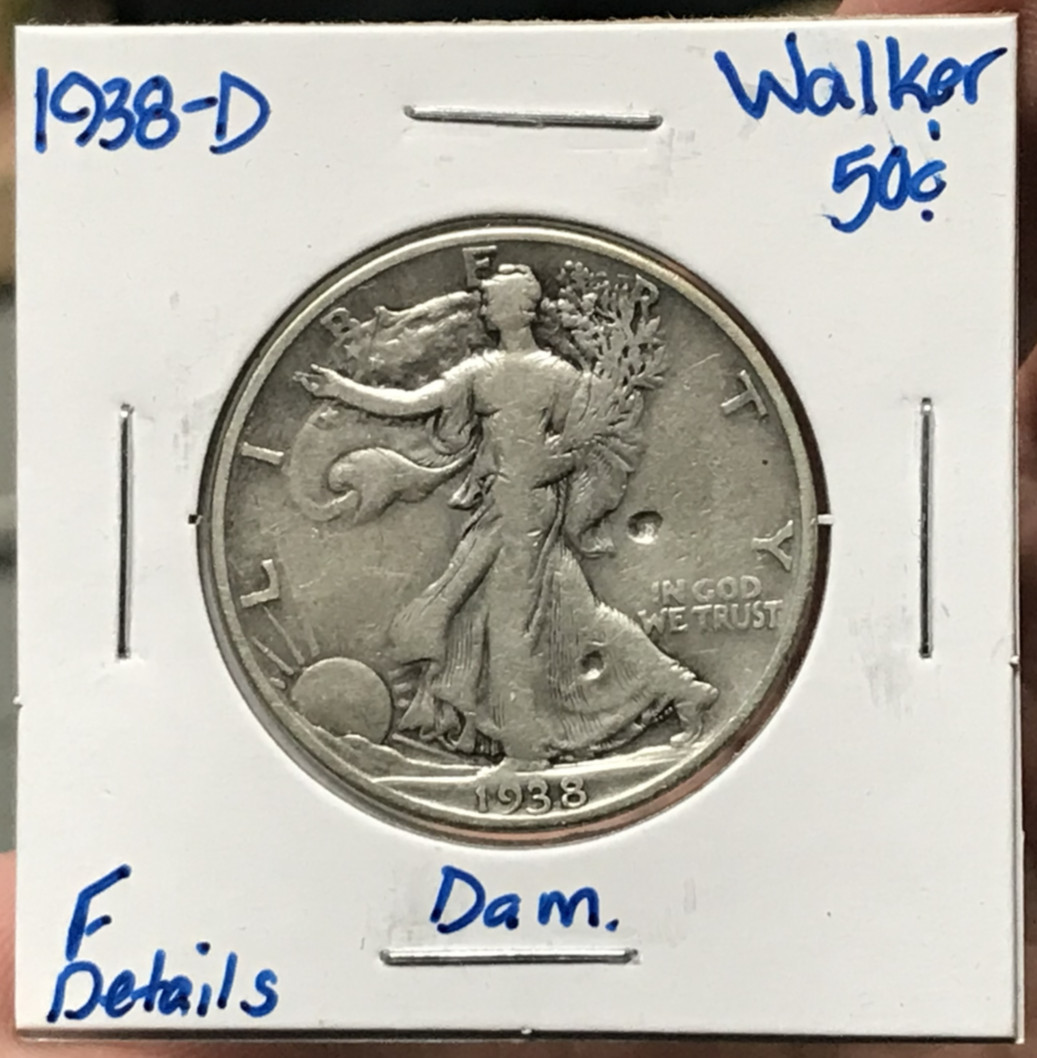 1938-D 50C Silver Liberty Walking Half Dollar F Details Damage