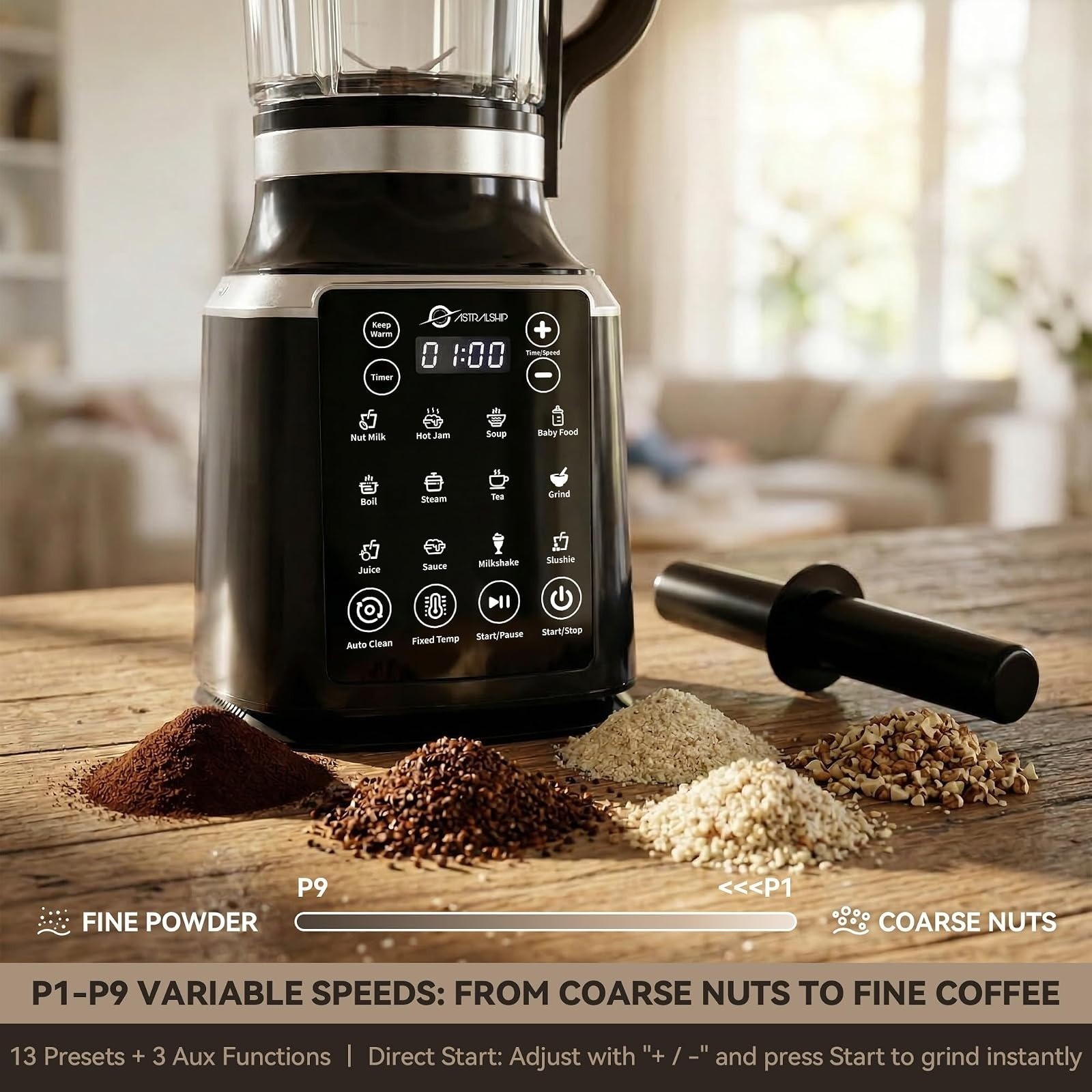 ASTRALSHIP 1500W Professional Blender for Smoothies, 9 Speeds, 14 Programs
