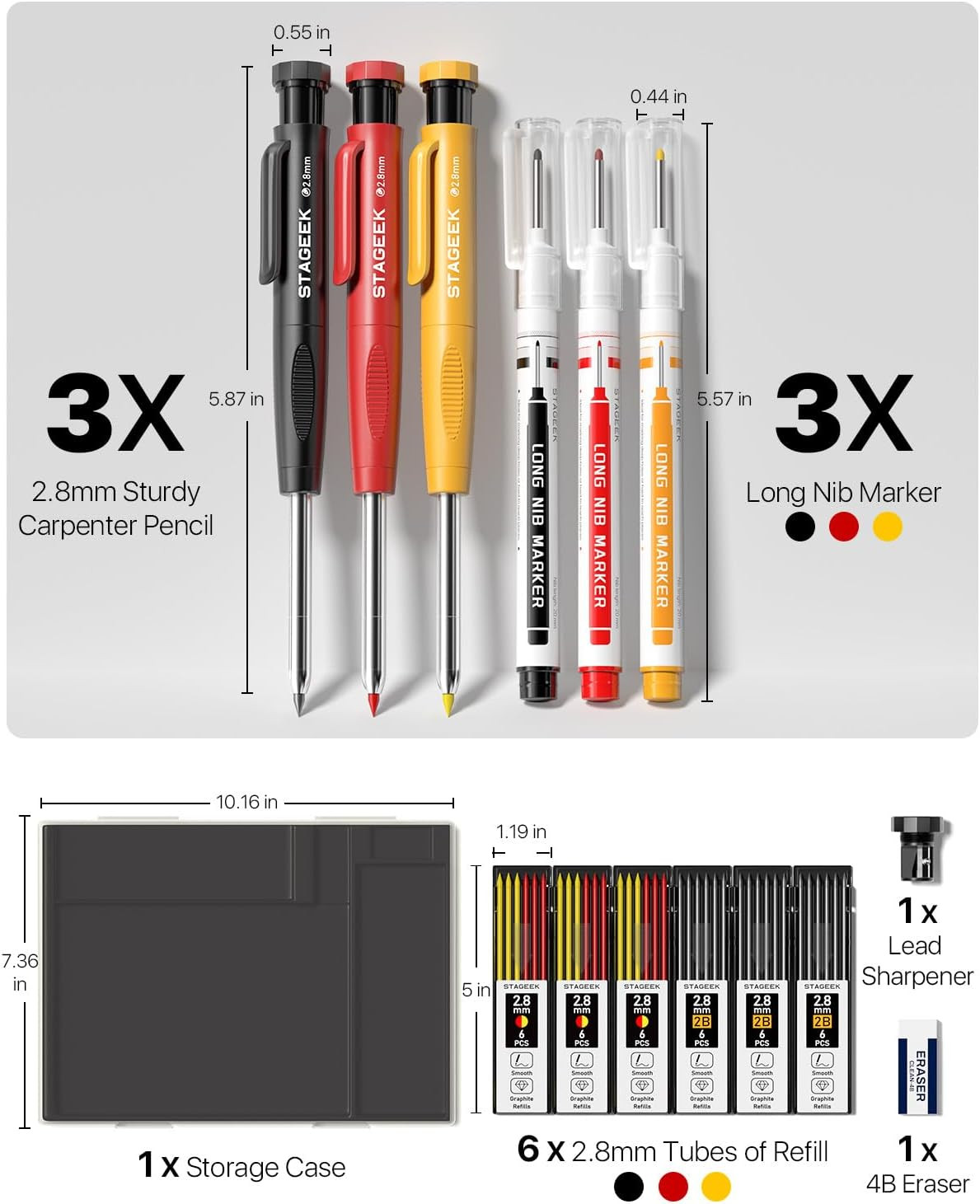 3pcs Carpenter Pencils with Sharpener Mechanical Deep Hole Marker Set 39 Refills