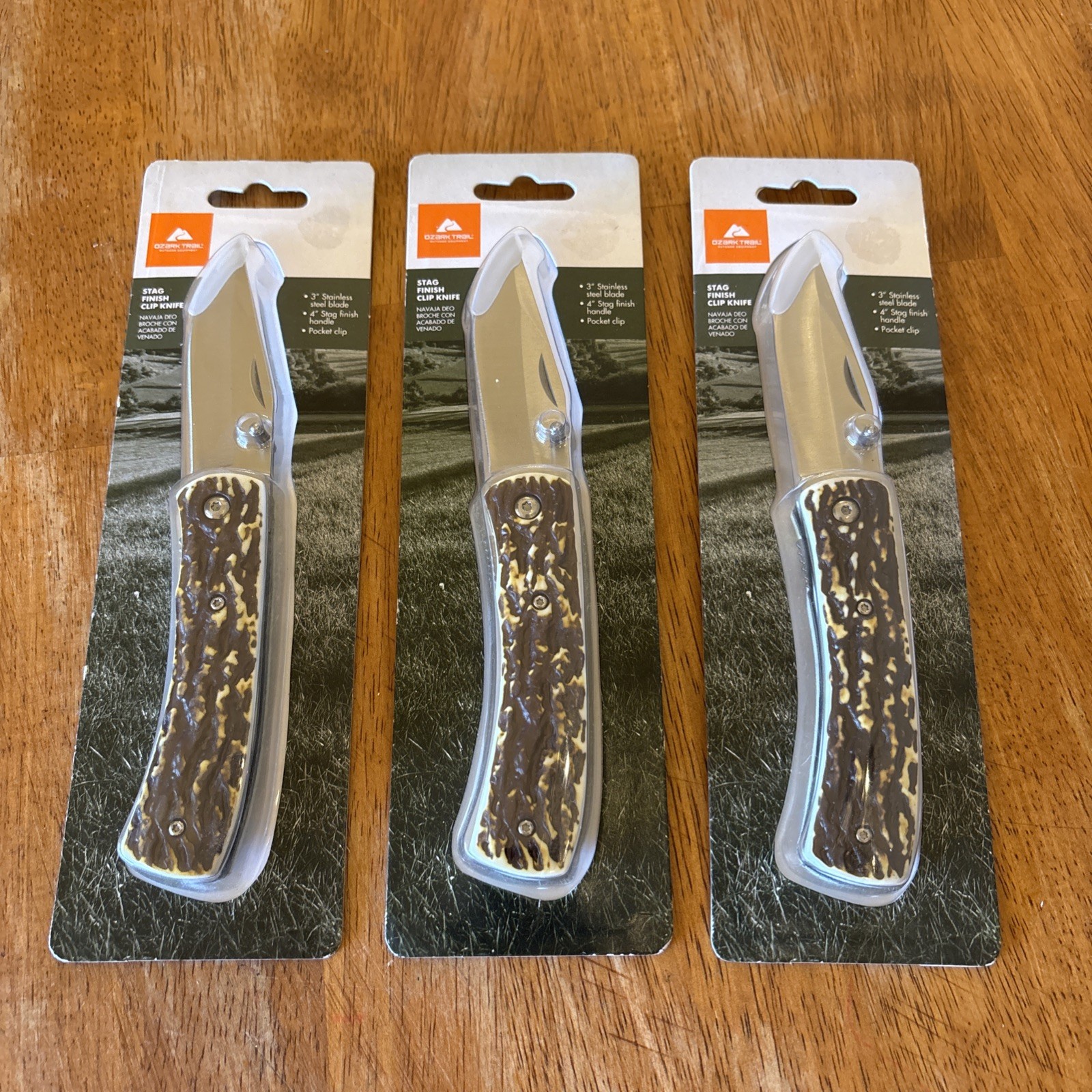 Ozark Trail Stag Finish Clip Knife - 3" blade, 4" handle NIP (Lot Of THREE!)