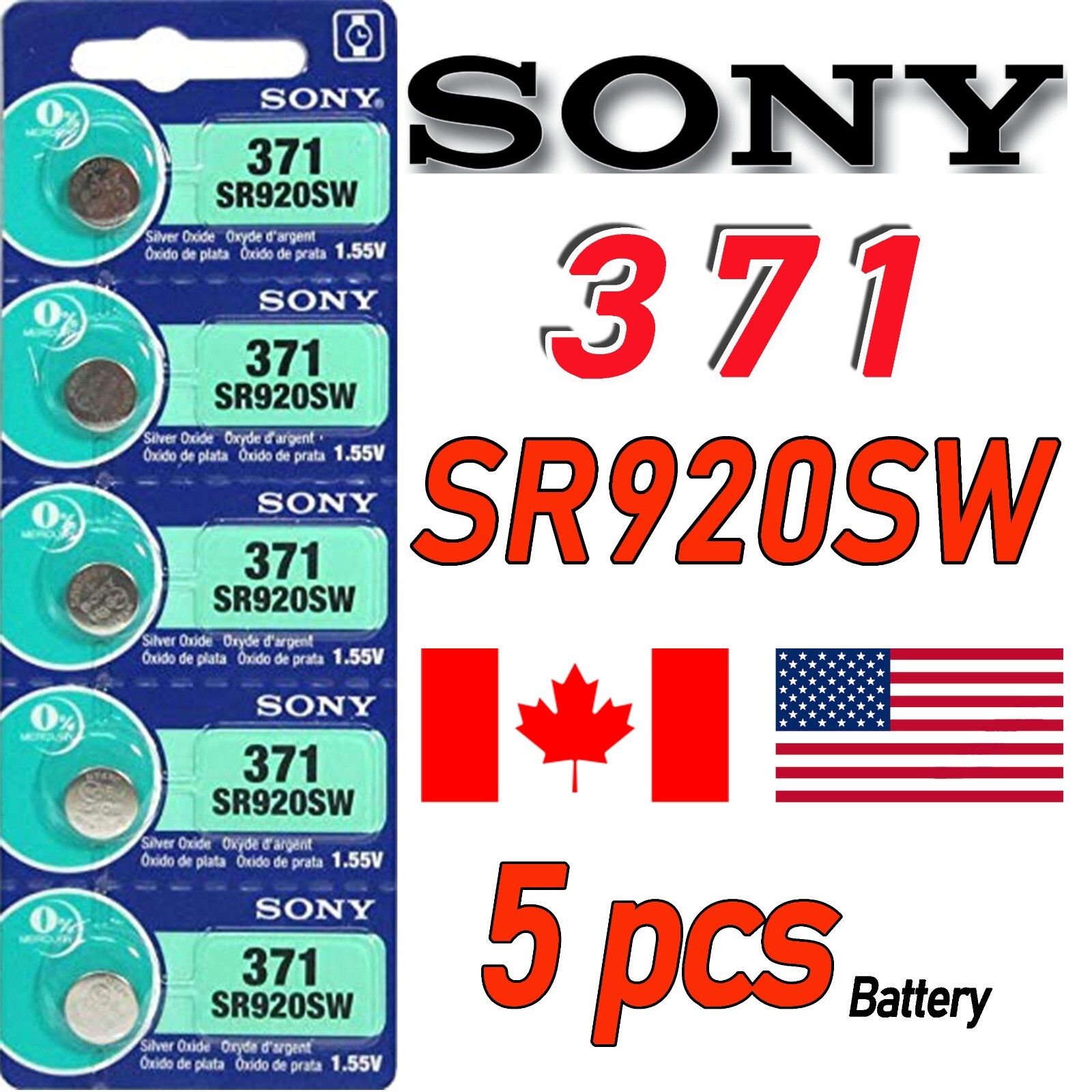 5 Pcs SONY SR920SW 371 Silver Oxide 1.55V Watch Battery, 0% MERCURY. Exp 2028