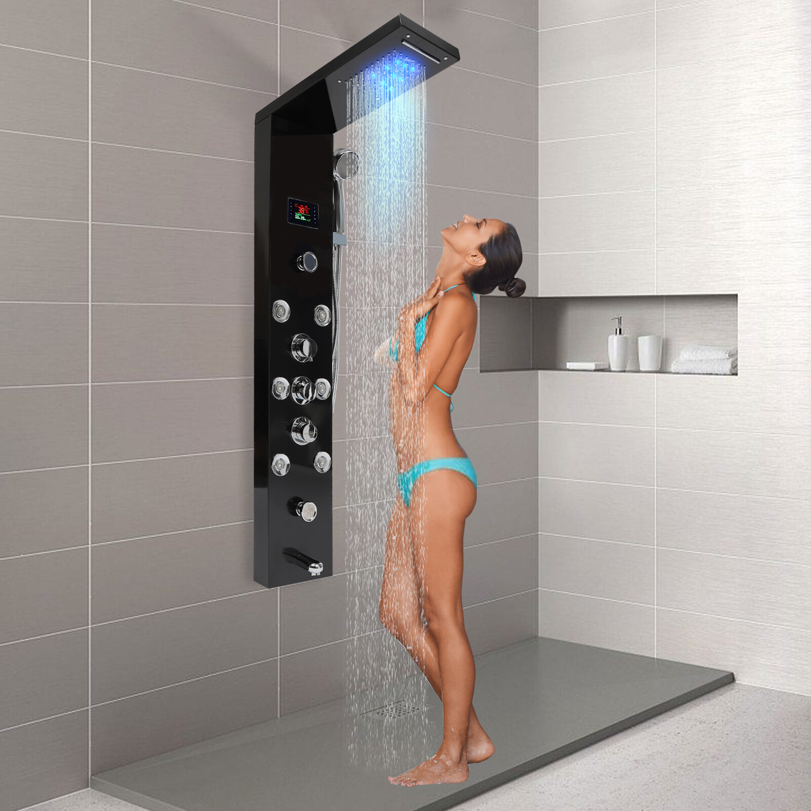 Hydroelectricity Display Rain Massage Full Body Shower System with Jets Black