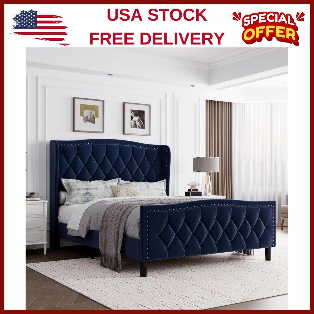 ✅Full/Queen Bed Frame Velvet Upholstered Platform Bed with Wingback Headboard
