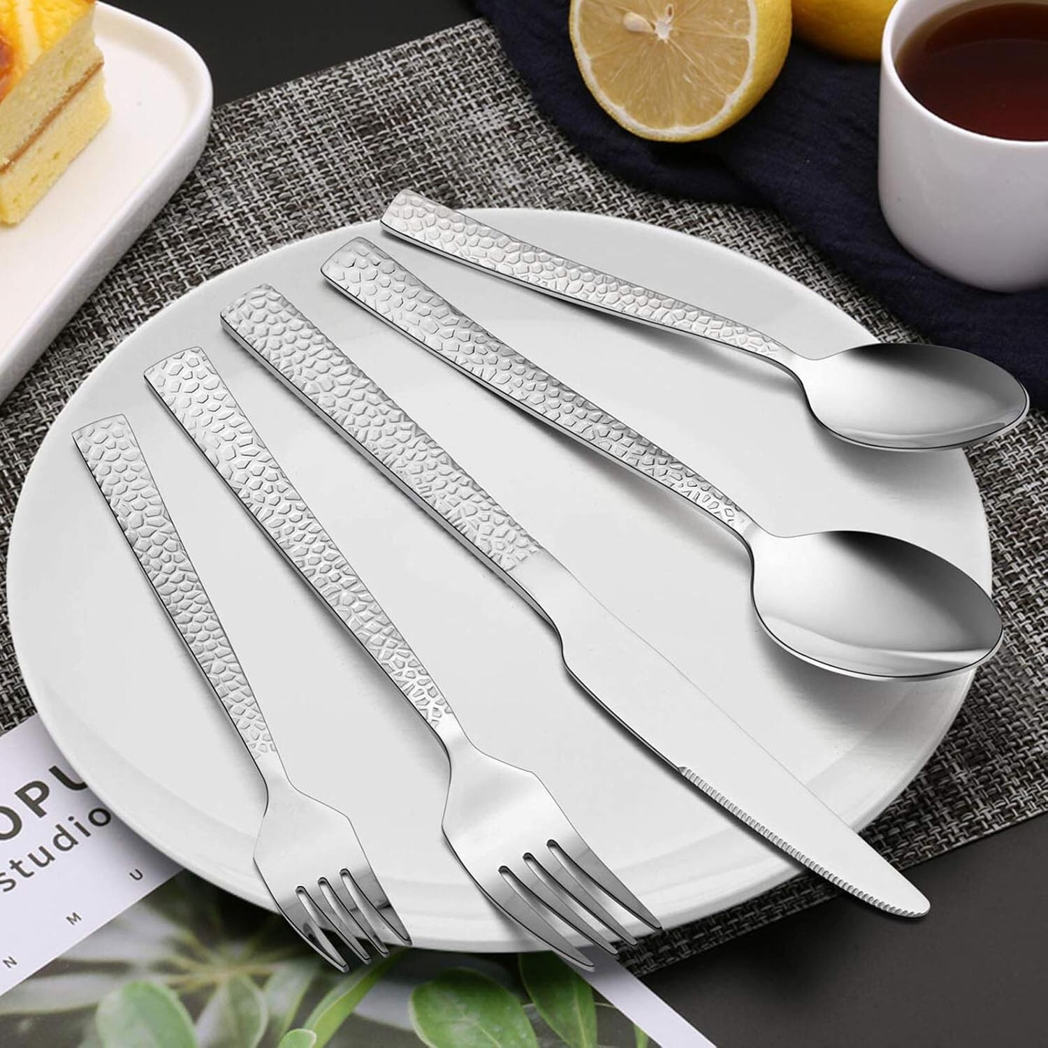 Hammered Silverware Set, 12/40-Piece Stainless Steel Square Flatware Set for 8