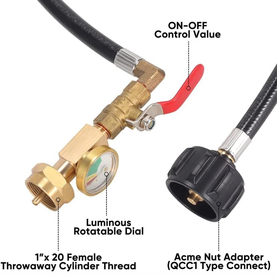 4FT Propane Adapter Refill Adapter Hose, Universal QCC1/Type 1 with Propane Gaug