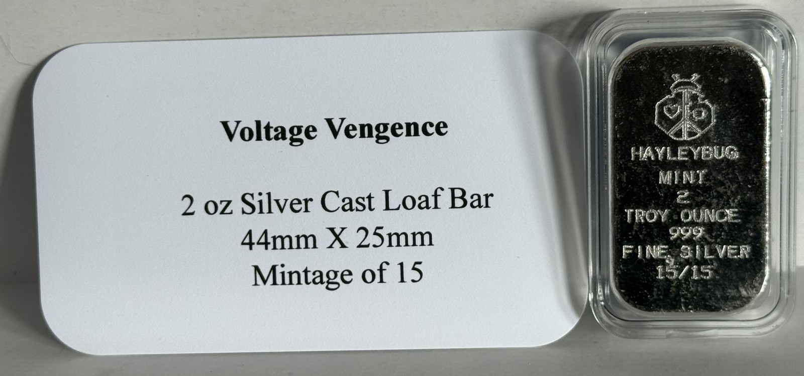Hayleybug 2 oz Voltage Vengeance silver Bar w/ COA Mintage 15