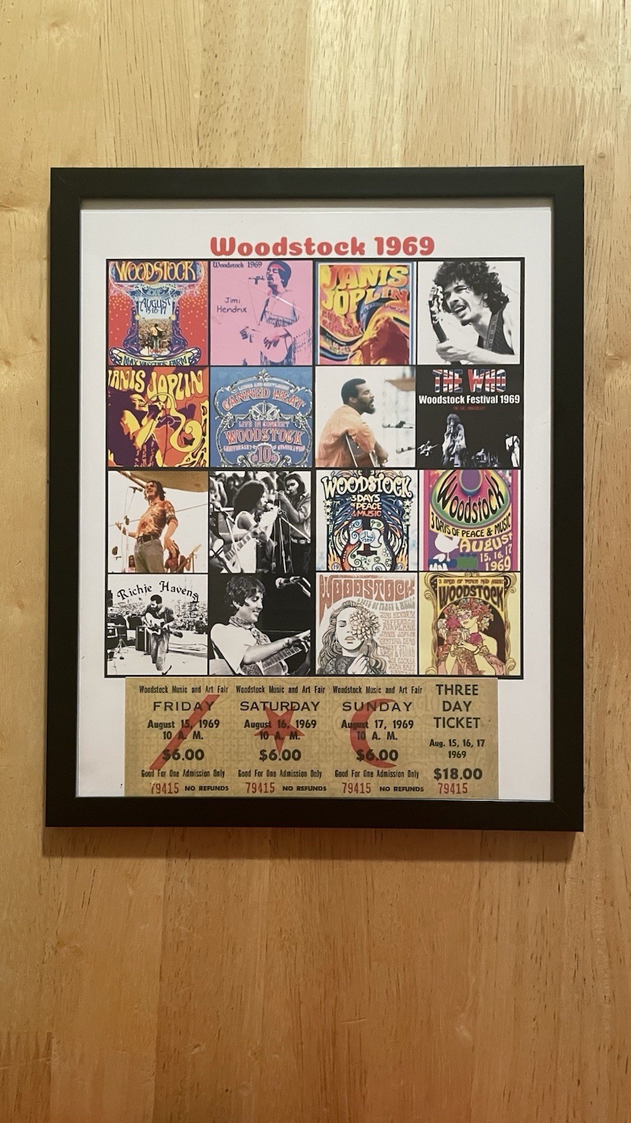 Woodstock 1969 Custom Framed Poster Collage And 2x6 3-Day Ticket