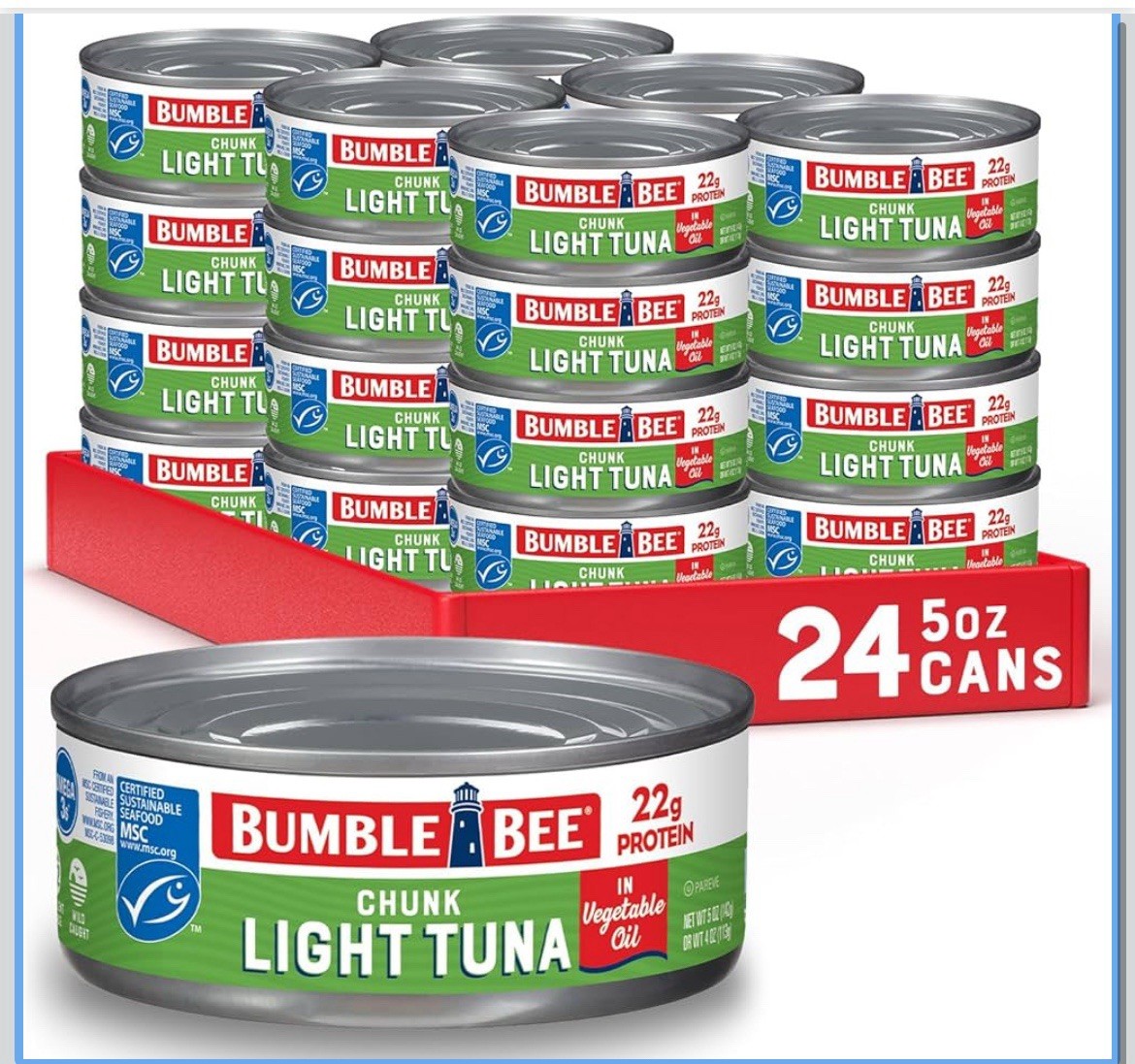 Bumble Bee Chunk Light Tuna In Water, 5 oz Cans (Pack of 24) - Wild Caught Sk...