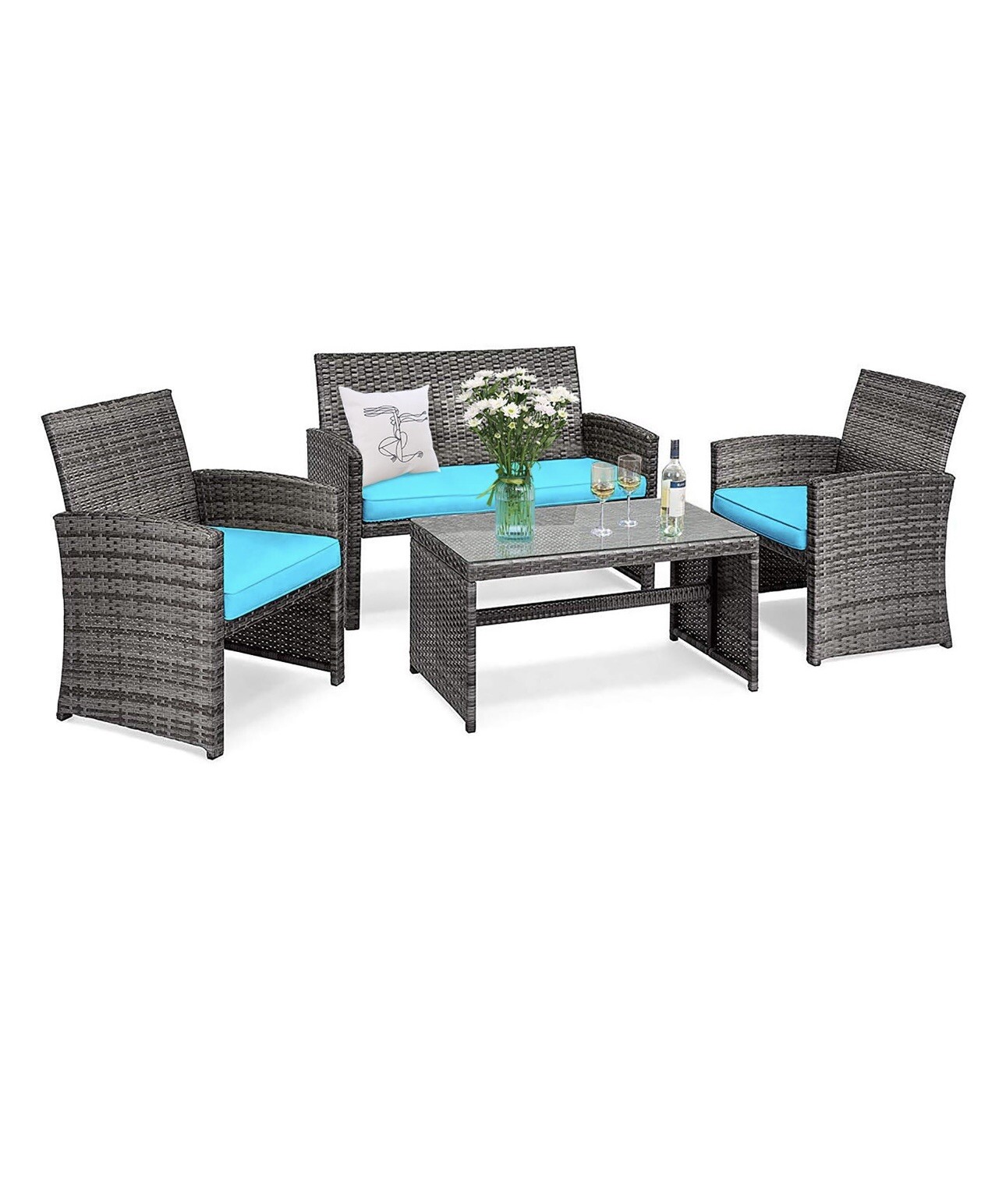 Patio Furniture• Transform Your Patio with 4 Pcs Turquoise Rattan Furniture Set