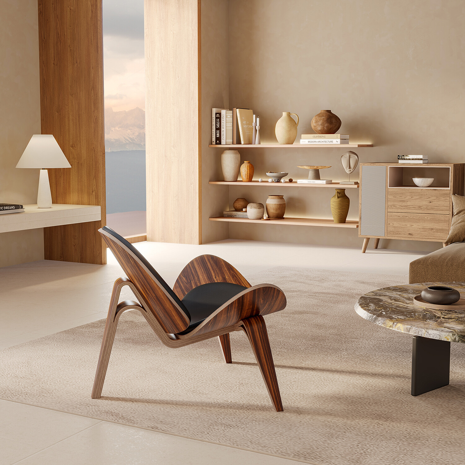 Hans Wegner Shell Lounge Chair Leather Accent Side Chair For Living Room