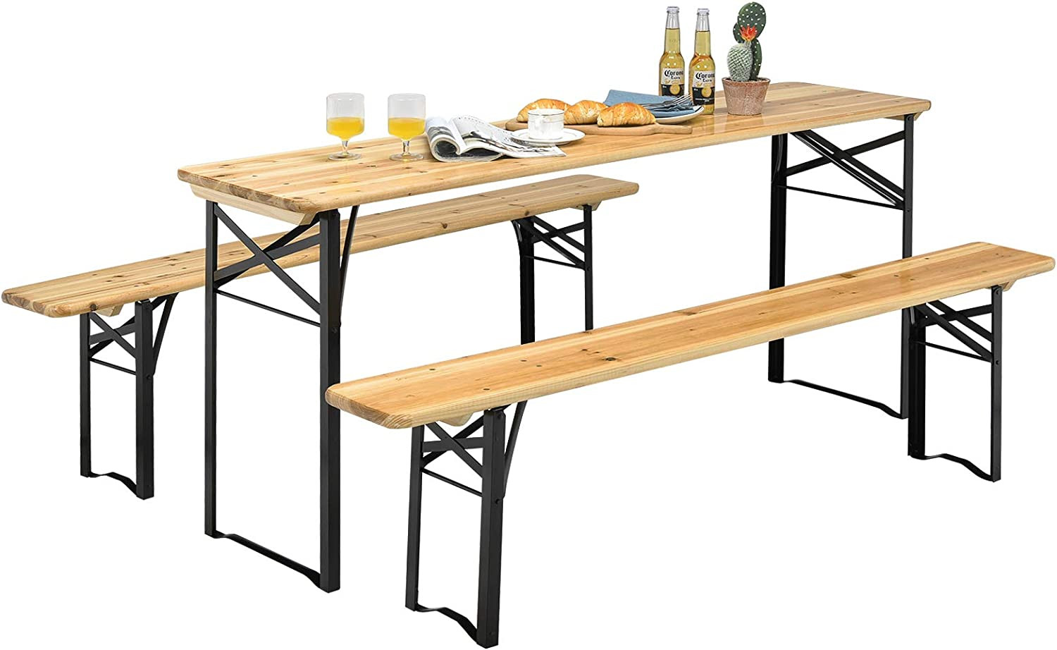 70'' 3-Piece Portable Folding Picnic Beer Table with Seating Set Wooden Top Picn