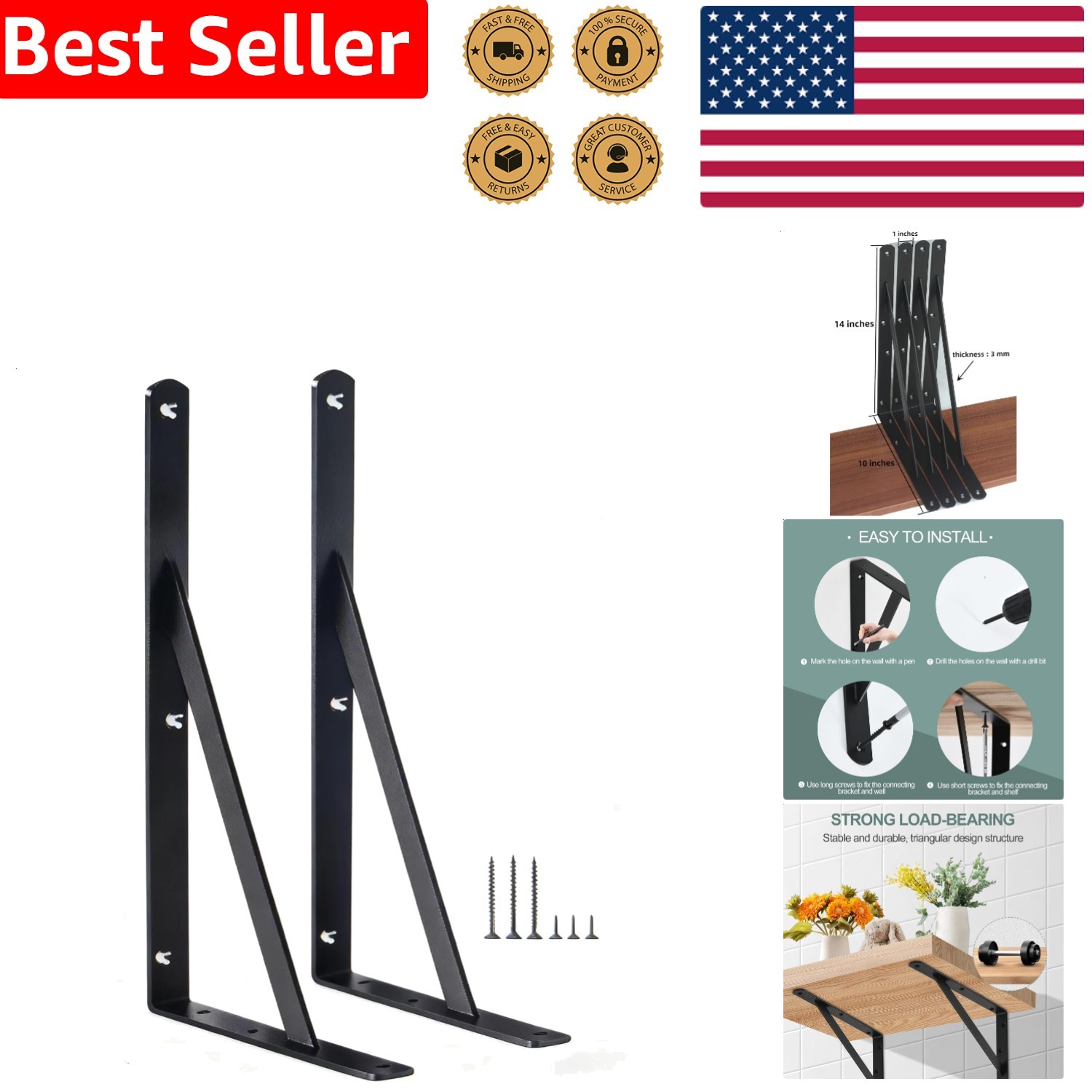 Heavy Duty Shelf Brackets 2 Pack Black 14''x10'' Wall Mount Floating