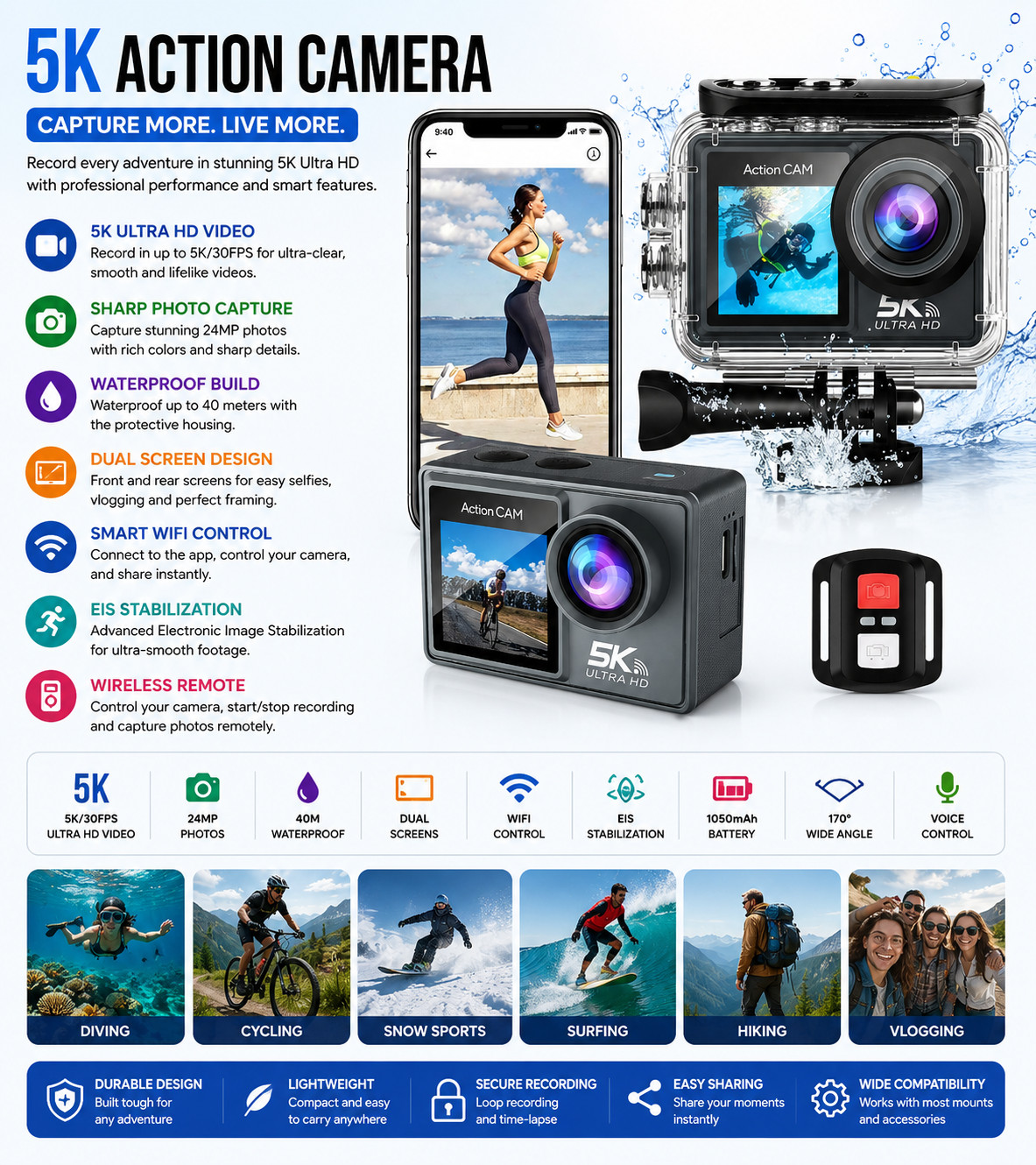 AUSHA 5K Action Camera 50MP Wide Angle EIS Waterproof 30M WiFi bike Vlogging Cam